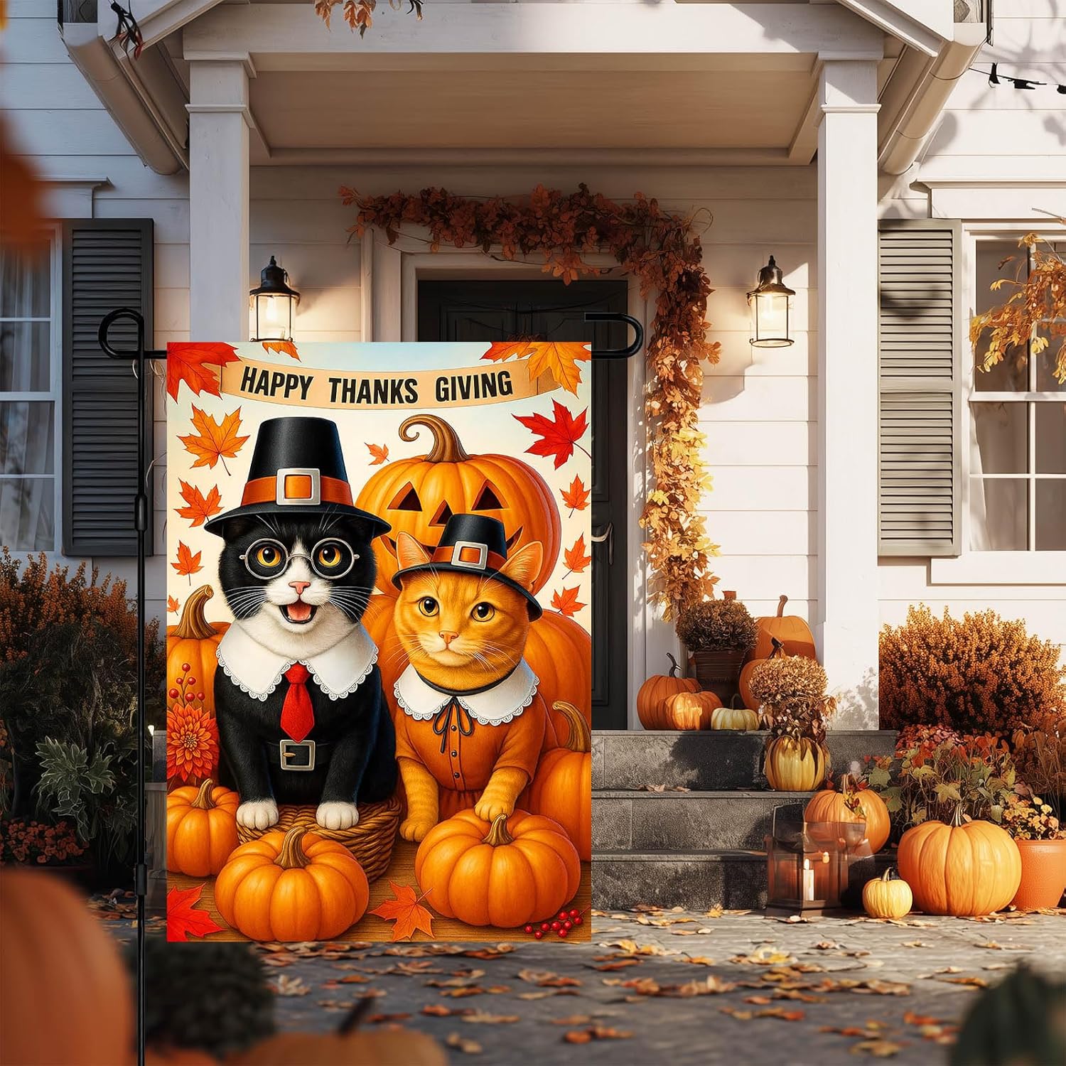 IVN Thanksgiving Garden Flag 12x18 Inch Double Sided Black and Orange Cats Pilgrim Costume Pumpkin Leaves Outdoor Yard Flag for Outside Home Front Door Lawn Porch Patio Welcome Decor - Image 2