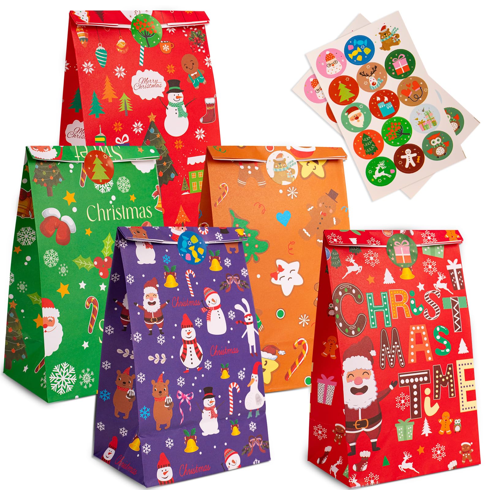 20pcs Small Christmas Paper Gift Bags Multipack 13x23cm Kraft Xmas Gift Wrapping Bag with Stickers, Gift Bags for Christmas Party Presents Xmas Goody Treat Sweet Candy Favors Bag for Kids Party