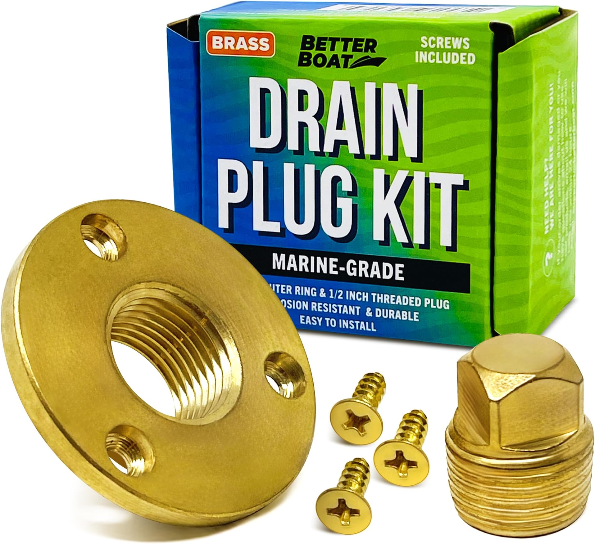 Brass Boat Drain Plug Kit Boat Plug Kit 1/2"" for Transom Threaded Boat Plug Marine Grade Garboard Drain Plug Kit 1/2 Inch Thru Hull