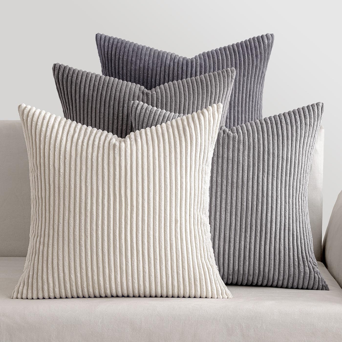 MIULEE Pack of 4 Neutral Grey Gradient Decorative Throw Pillow Covers 18x18 Inch Soft Boho Striped Corduroy Pillow Covers Modern Farmhouse Home Decor for Sofa Living Room Couch Bed 18" x 18" (Pack of 4) Neutral Grey