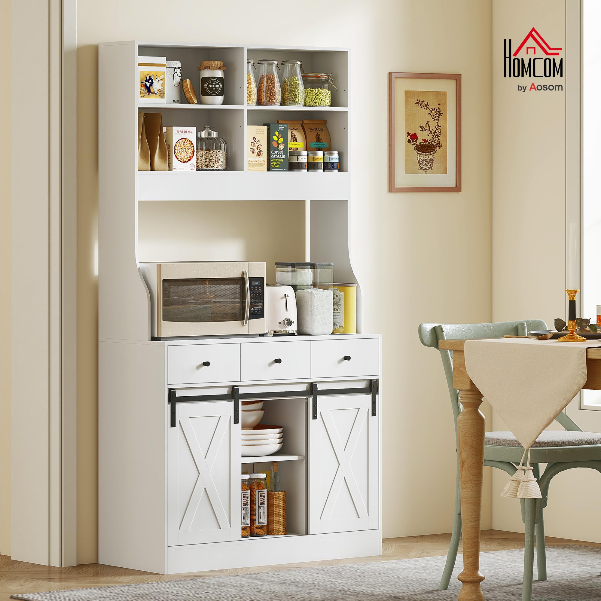 HOMCOM Alacena de Cocina Mueble Auxiliar con Encimera para Microondas, 2 Puertas Corredizas y 3 Cajones, Estantes Regulables, Estilo Granja, 93,5x40x180 cm Blanco