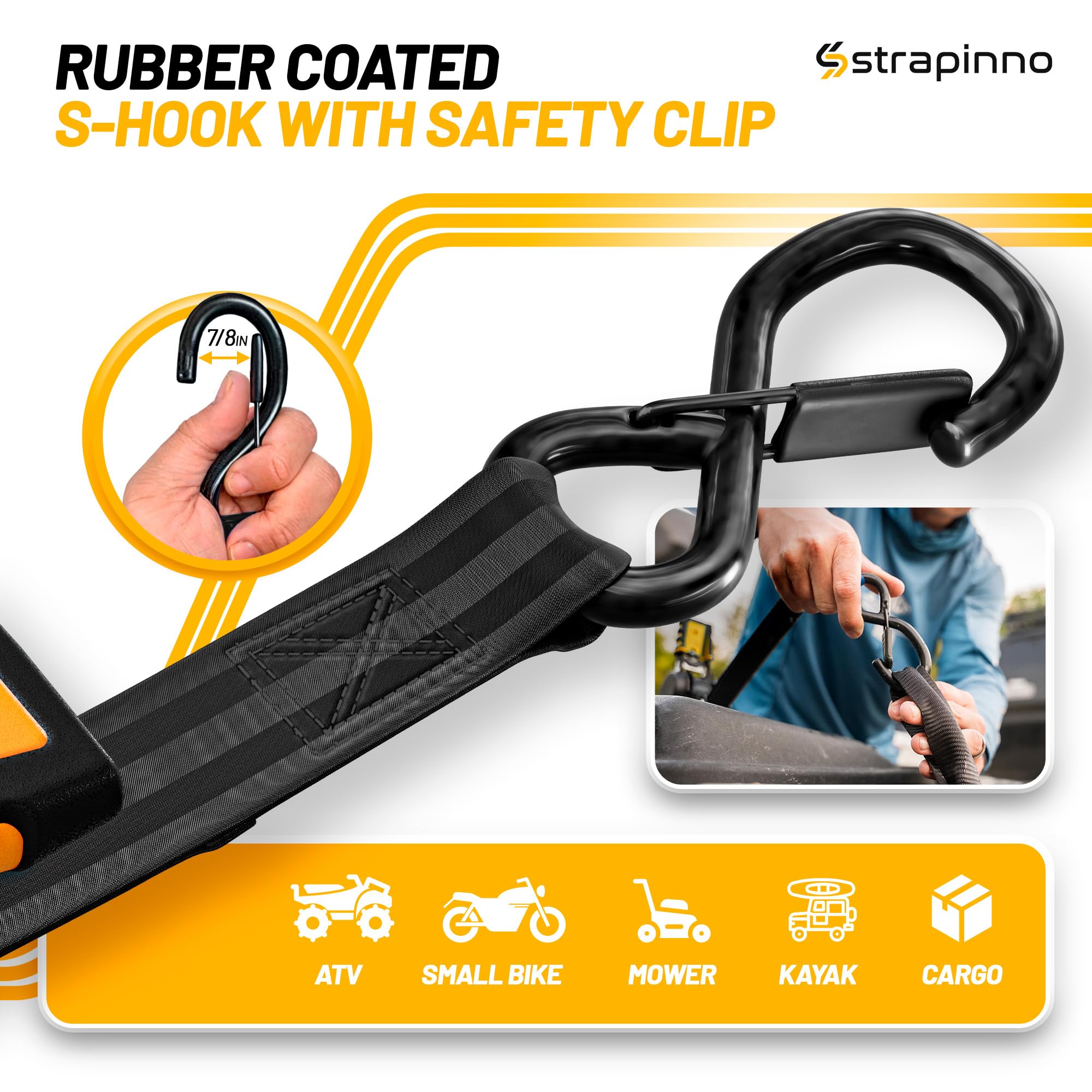 Strapinno Retractable Ratchet Straps 1 in x 10 ft, Secure Tie-Downs with Rubber-Coated Steel Handles, for Motorcycle, Jetski, Kayak, Breaking Strength 1,500LBS/680KG (Black Strap, Black Coated)
