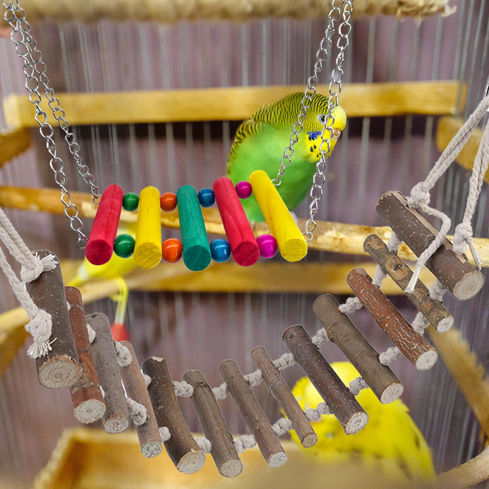 PINVNBY Bird Parakeet Toys, Bird Rope Ladder Swing Hammock Toys, Made of Natural Wood and Rope, Parakeet Cage Accessories for Parrot Budgie Conure Cockatiel (2 PCS) - image 7