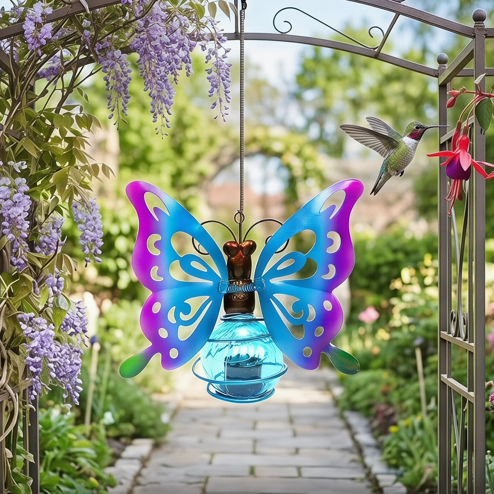 Hanging Solar Butterfly Lights, Outdoor Garden Decor with Metal Art, Solar Powered Yard Decoration for Patio Porch Backyard Fence, Waterproof Hanging Lantern Gifts for Women Mom Grandma