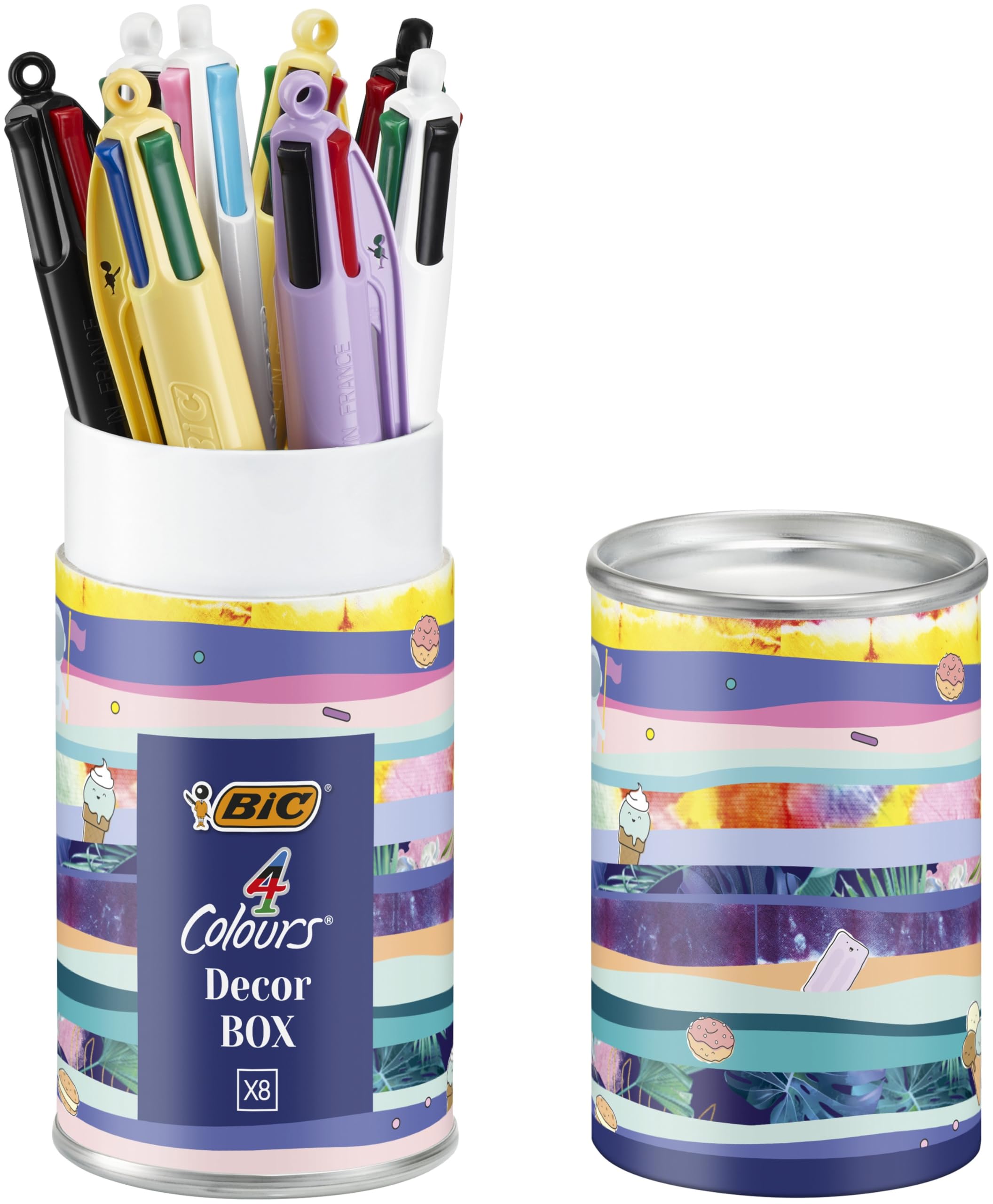 BIC 4 Couleurs Décor Box, Stylo à Bille Rétractable, Stylo 4 Couleurs, Pointe Moyenne (1 mm), Boîte Métallique, Lot de 8