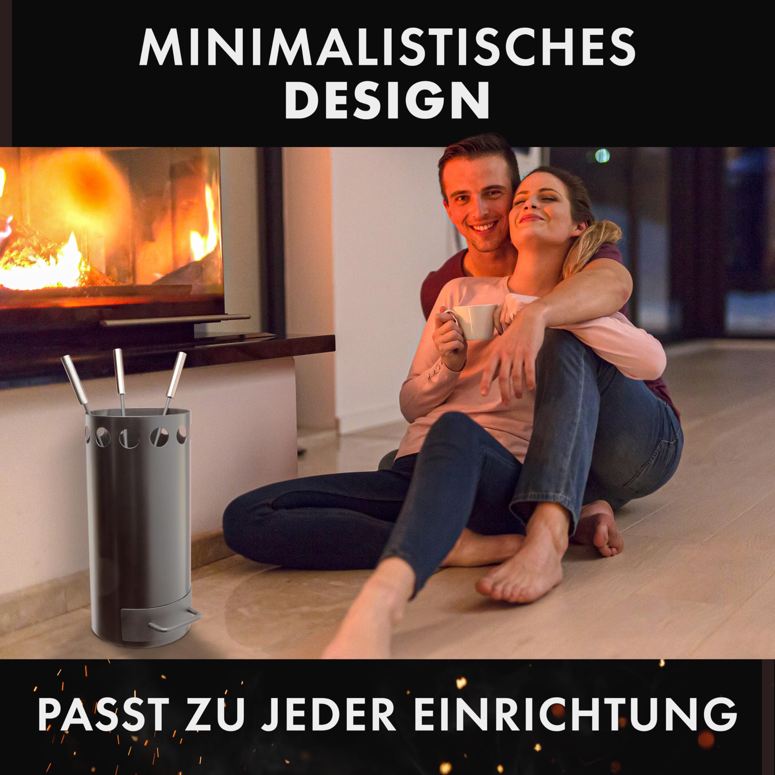 Kaminbesteck grau mit Schublade. 3-teilige Kamingarnitur mit Schürhaken, Ascheschaufel und Kaminbesen. Modernes Design. Ofenbesteck inkl. Ofen Zubehör. Kaminofen Zubehör. Kamin | Drei Eichen