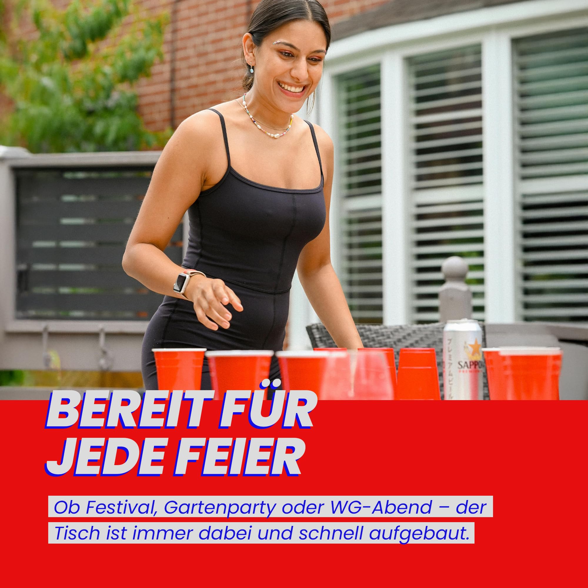 Bestlivings höhenverstellbarer Bierpong Tisch, 240x60x70cm aus Aluminium platzsparender Klapptisch, tragbares Partyspiel für Garten oder Festivals