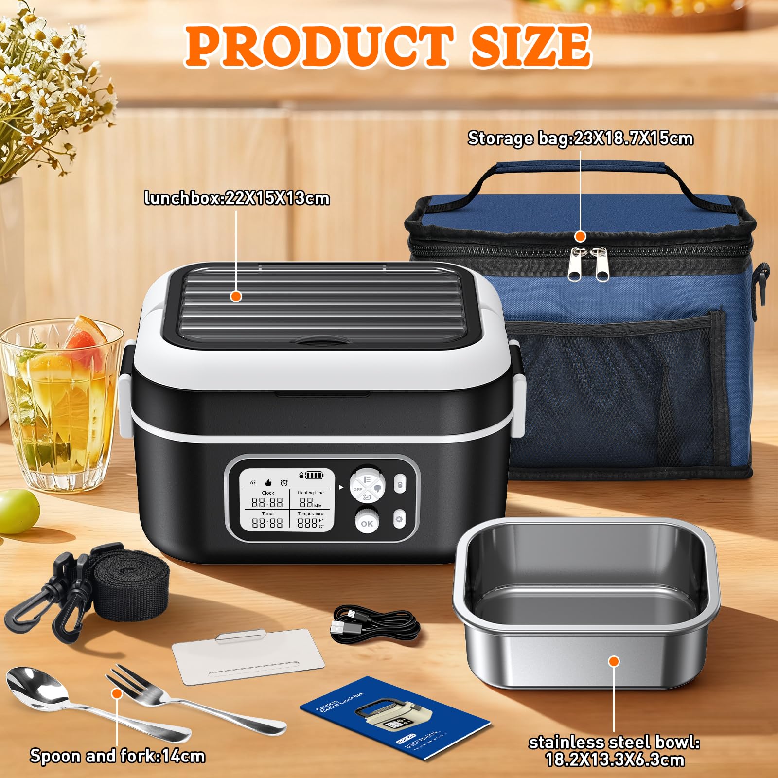 Fiambrera Electrica 100W Calentador de Comida Portatil 1,5L Lunch Box con Bolsa Térmica y Cubiertos Comida Caliente Acero Inoxidable para coche/camión/oficina
