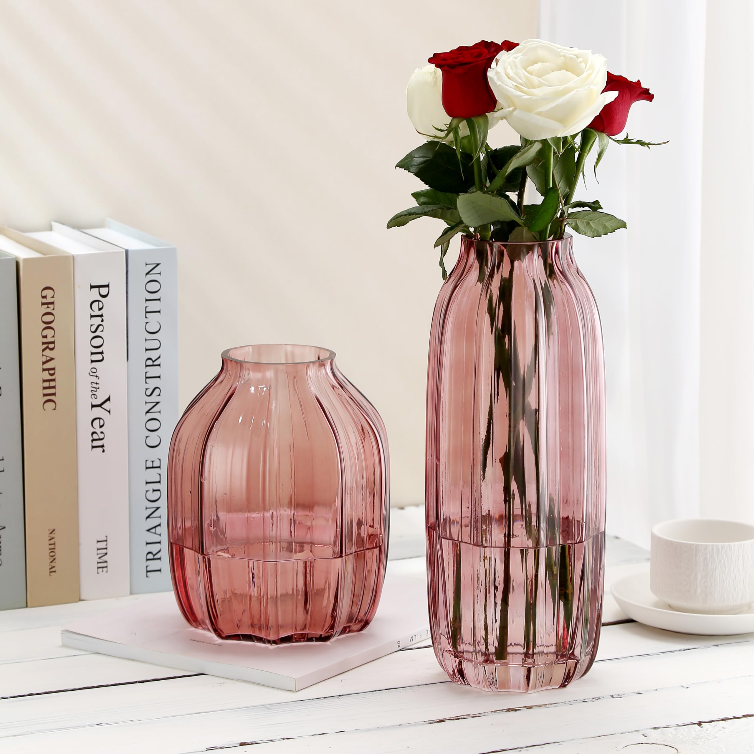 JAKY Global Large Pink Vase Glass Flower Vase H-32cm Tall Glass Vases for Flowers Elegant Home Living Room Decor,Table Centerpiece for Farmhouse and Office(Pink 32cm) - Image 4