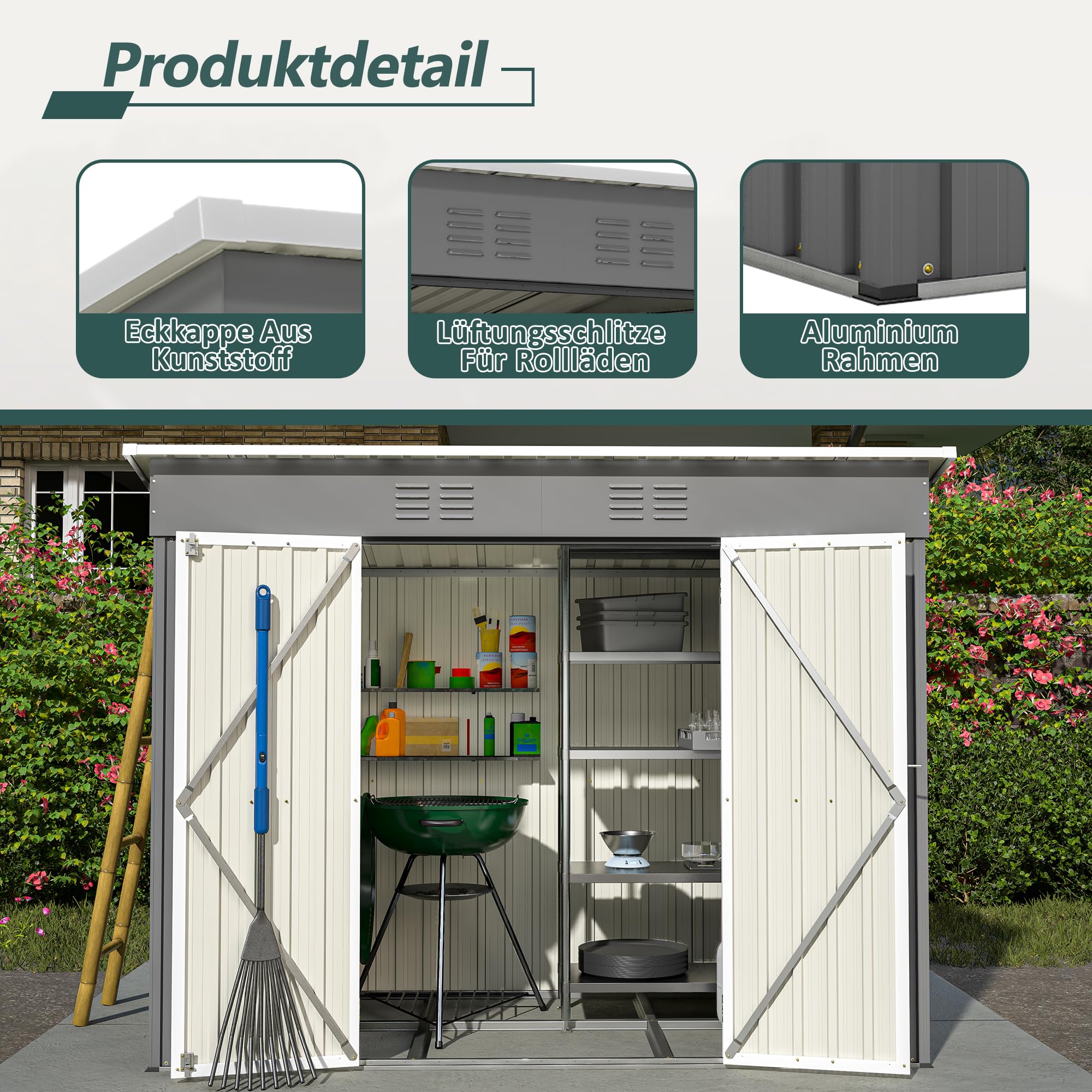DRIXNO Metall Gerätehaus, 229x111x182 cm Garten Schuppen, Gartenhaus Geräteschuppen mit stabilem Metallfundament, Stauraum für Gartengeräte, Inkl Metallfundament, Ohne Boden, Grau