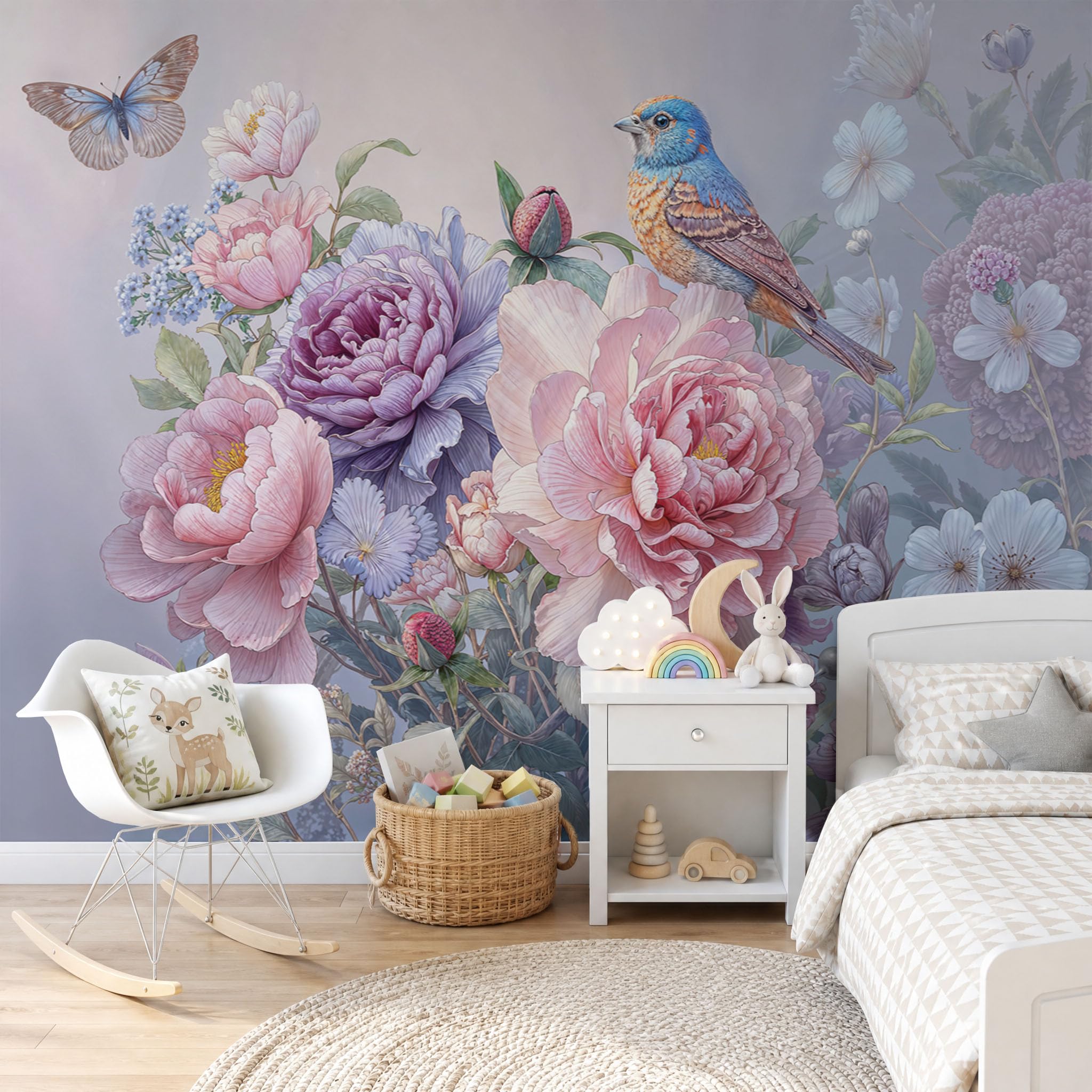 Fotomural Efecto Peonía Azulejo Mariposa 3D Papel Tapiz, Flores Exóticas Jardín Decoración De La Pared Murales, Sala De Estar Dormitorio Papel Pintado 300 × 210 cm