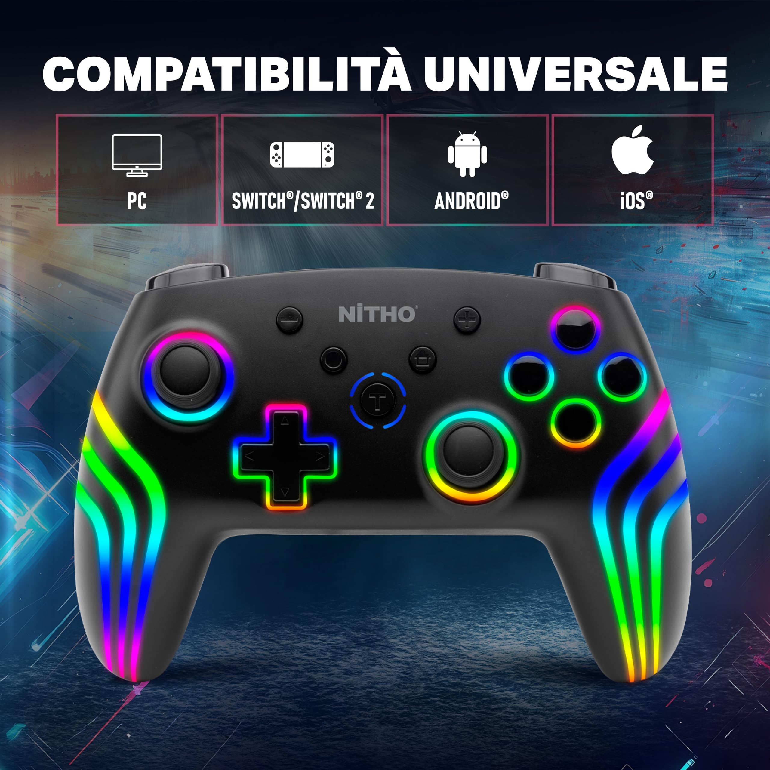 NITHO NEXUS DARK OPS Wireless Controller Compatibile con Switch/Switch 2/PC/Android/iOS, Gamepad con LED RGB, Trigger Effetto Hall, Giroscopico a 6 Assi, Turbo, Joystick Ergonomico - Nero