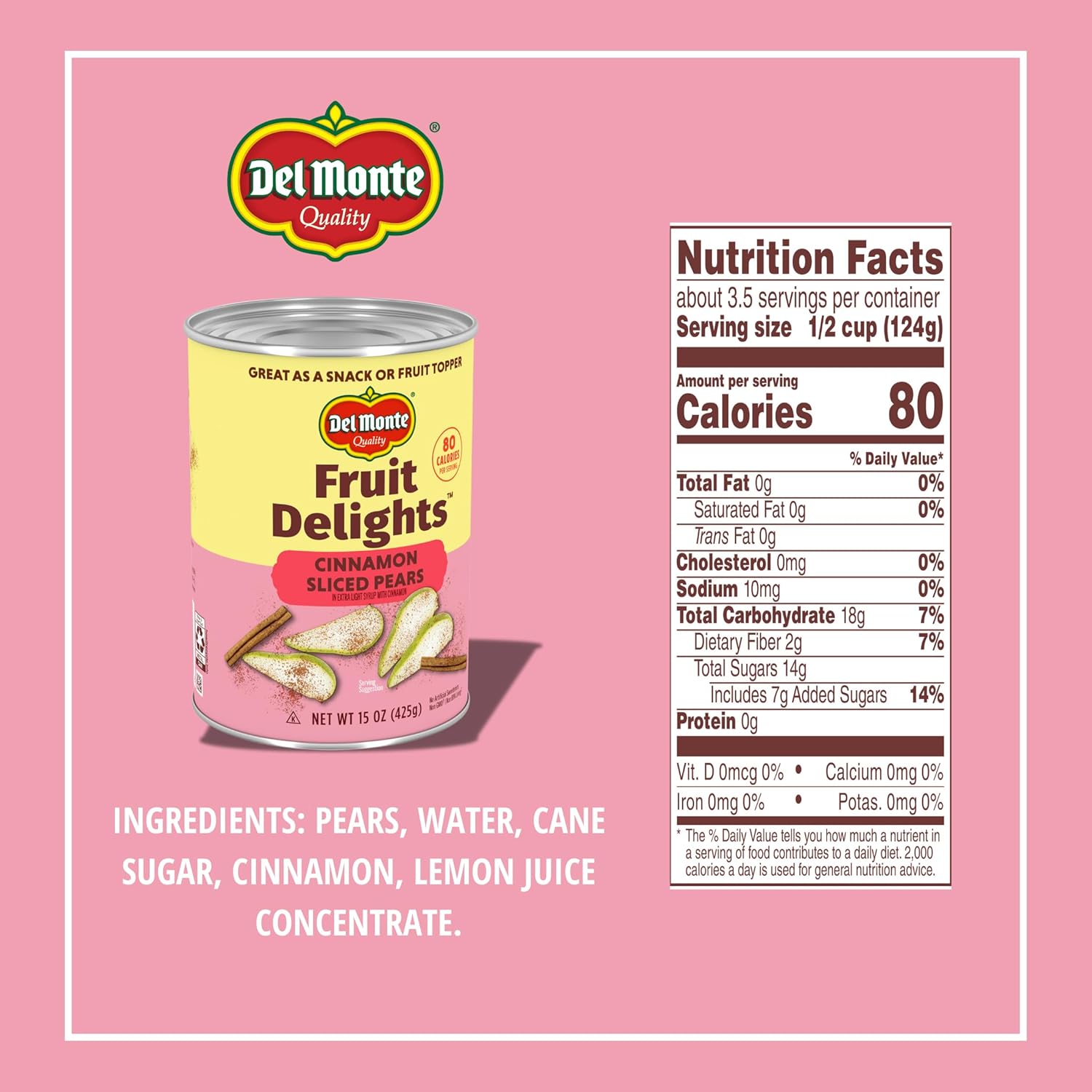 Del Monte Fruit Delights Sliced Pears with Cinnamon in Extra Light Syrup, 15 oz. Cans, 12 Pack