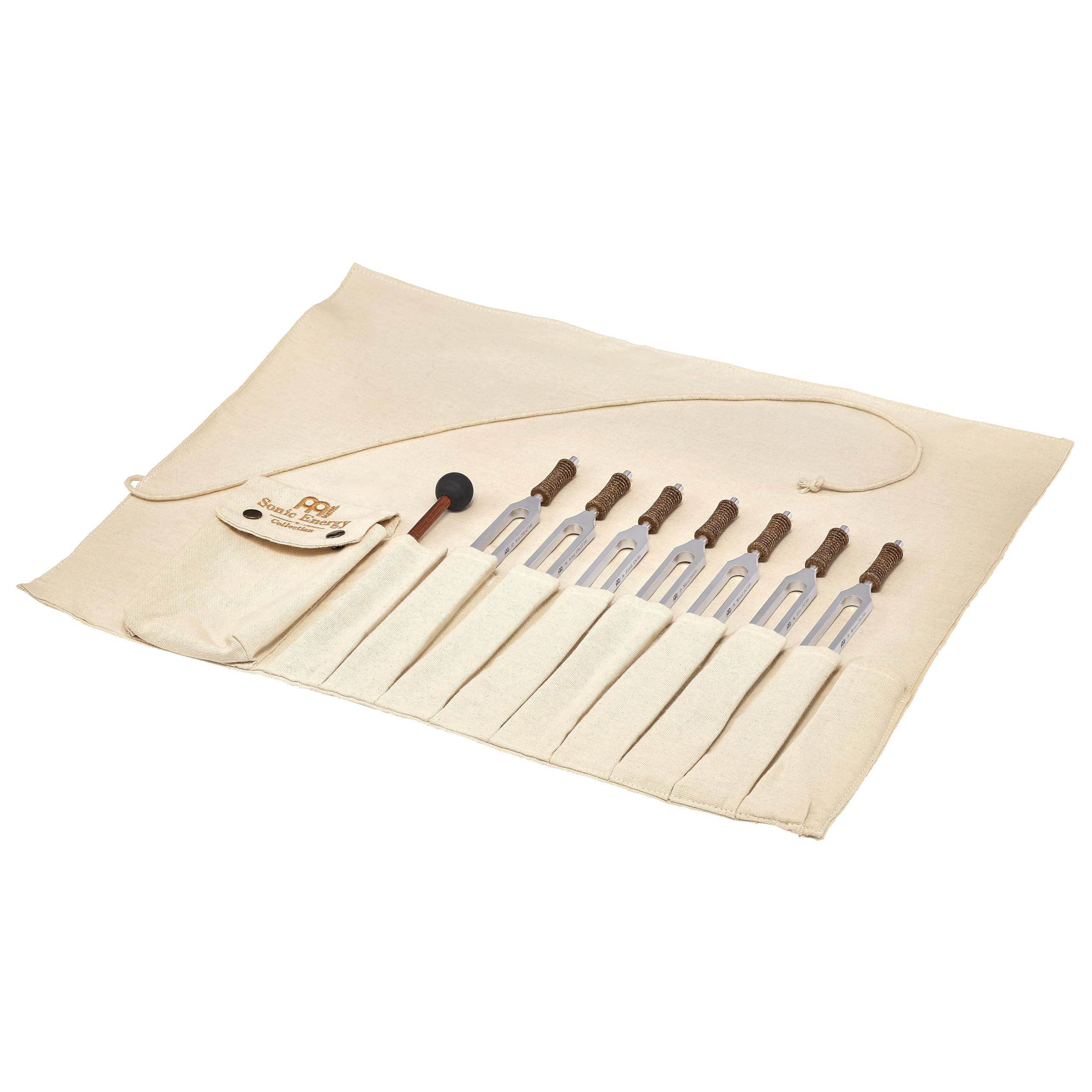 Sonic Energy TCM Therapie Stimmgabel Set + Rollup-Bag (TTF-TCM-SET-R) | 7-teilig, 5 Elemente plus Yin & Yang, inkl. Hülle, Schlägel und rollbare Baumwolltasche, vernickelter Stahl, Korkgriff
