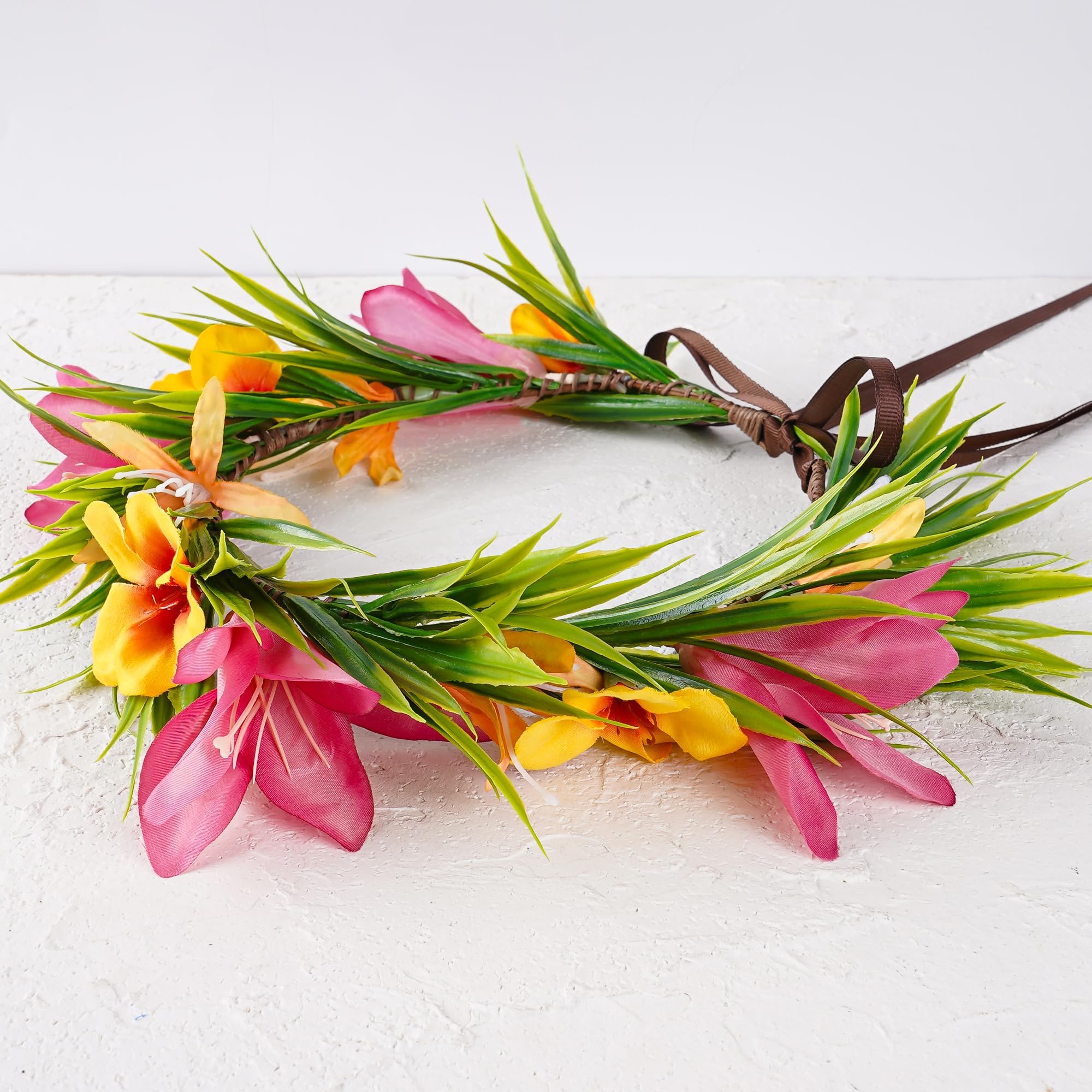 DreamLily Juego de corona de flores hawaianas, corona musical para disfraz de princesa, para juegos de simulación, talla única (verde y rosa intenso