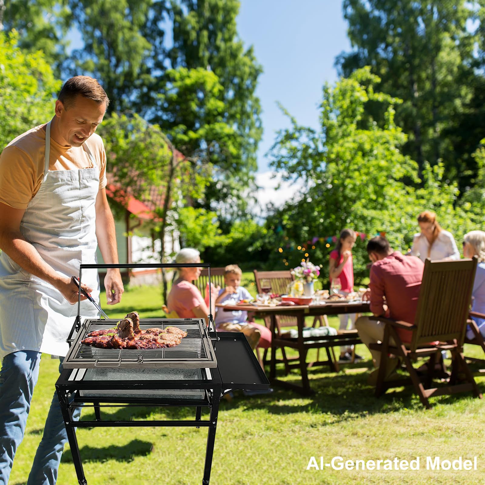 Parrilla de carbón para barbacoa con carrito, parrilla portátil desmontable cuadrada resistente al aire libre, parrilla de cocción giratoria de 360 grados con ruedas para camping, jardín, barbacoa