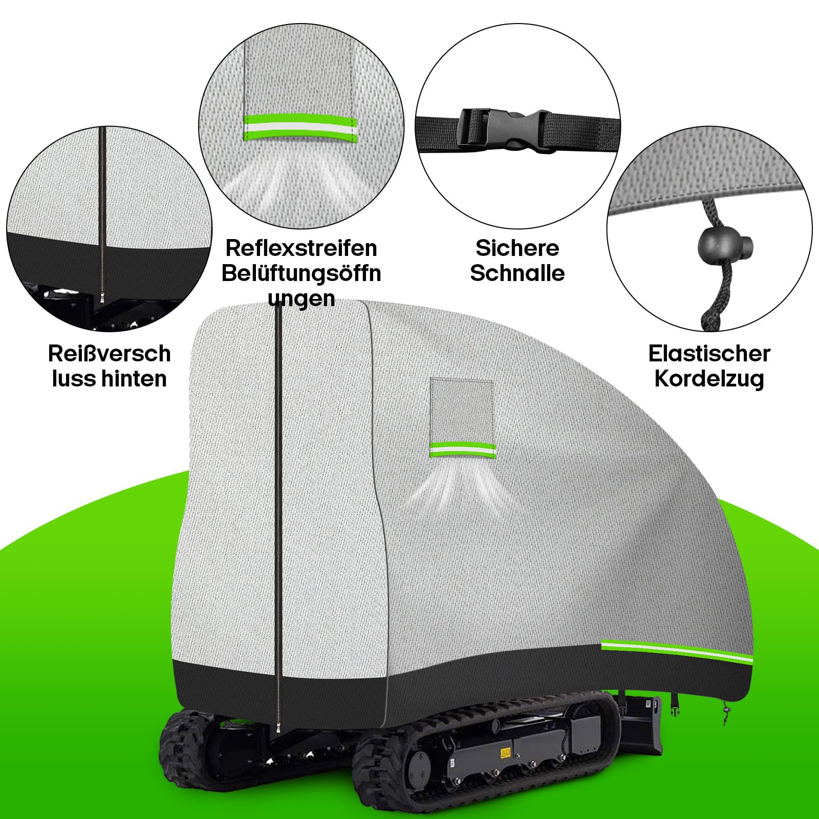 Housse Mini Excavatrice, 420D PU Imperméable Respirante pour 800-1600kg avec Fenêtre d'Aération, Fermeture éclair, Réflecteurs, Boucles Coupe-Vent et Cordon de Serrage, Bâche D'Excavatrice