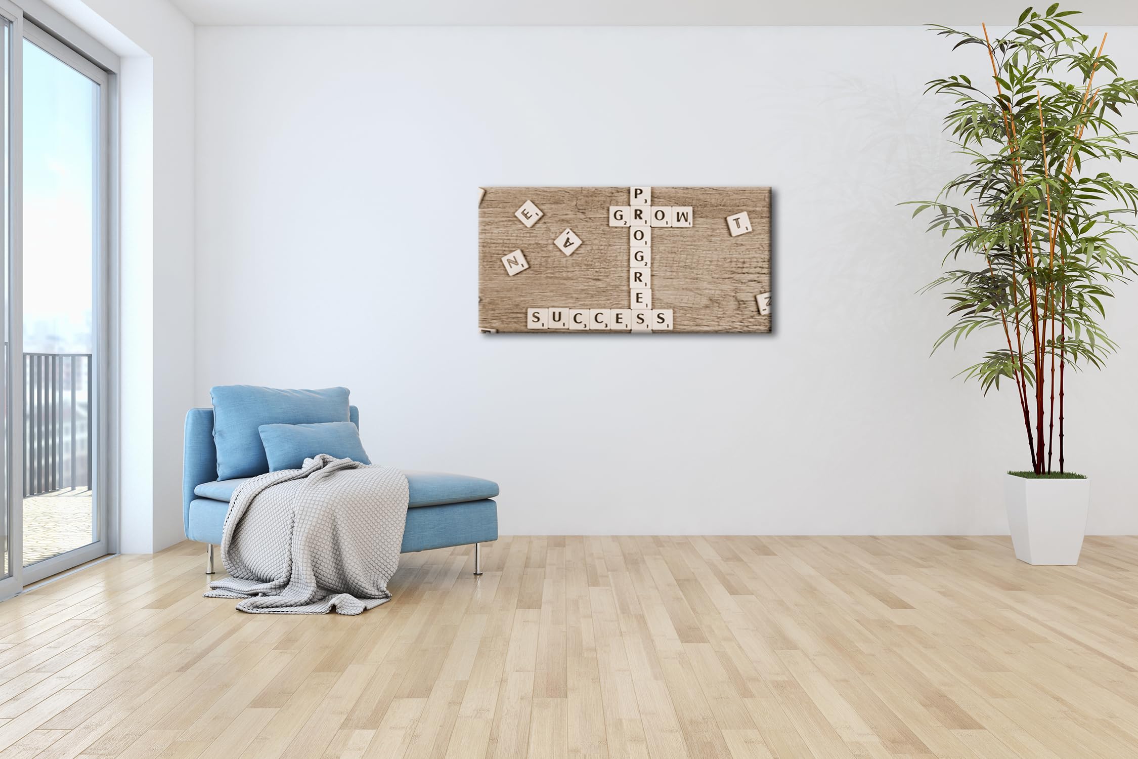 Crecimiento y éxito, como crucigrama de piedras de letras, panorámico, 120 x 60 cm, efecto: sepia XXL, impresión artística sobre marco de madera, lienzo, mural, decoración de salón