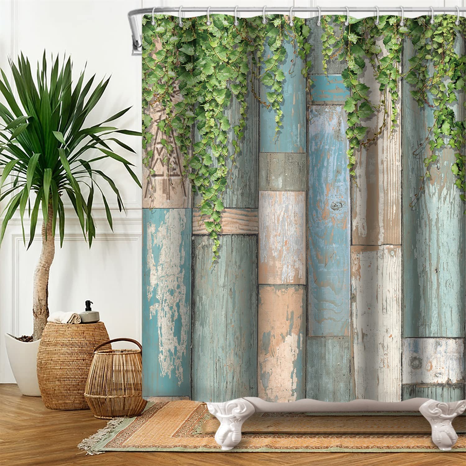 SDOTPMT 105x160cm Lente Bloem Inkt Schilderen Douchegordijn Blauw Botanische Print Witte Achtergrond Badgordijn Platteland Levendige Plant Natuurlijk Landschap Badgordijn voor Badkamer Decor met Haken