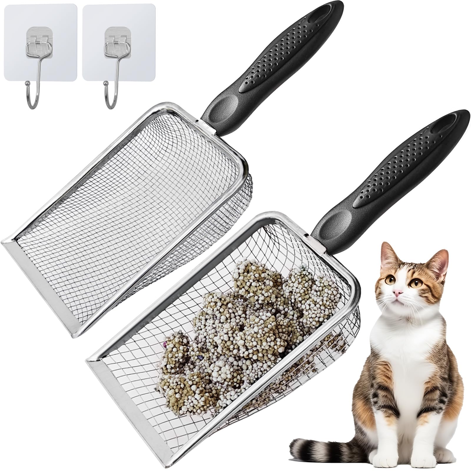 2Pcs Cat Litter Scoop Metal Stainless Steel Mesh Kitty Litter Scoop with Hook, Cat Scooper for Litter Box, Filter Small Pieces Quickly, Easy to Clean and Durable (3mm/5mm Mesh)