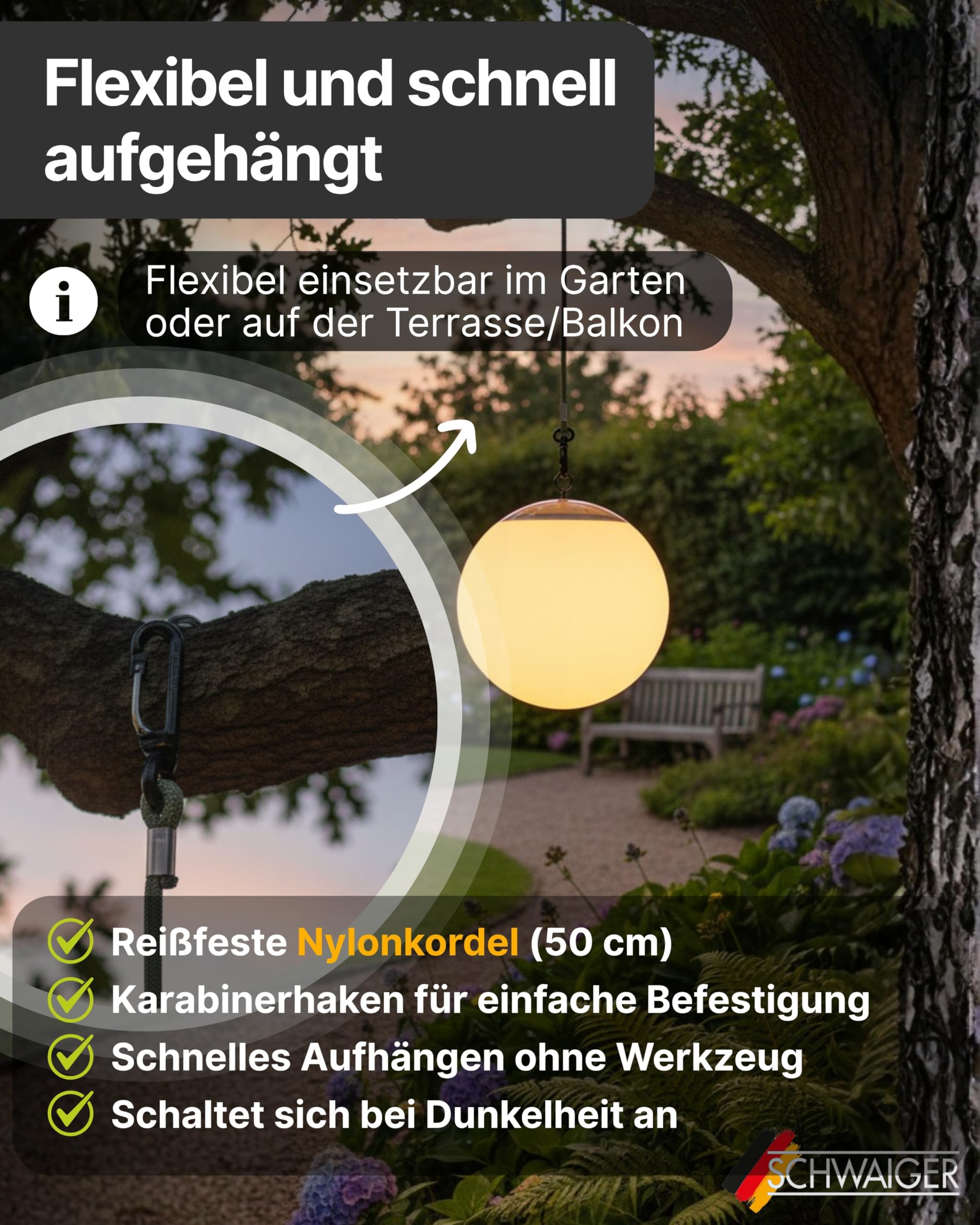 SCHWAIGER Solarlampe RGB LED-Hängeleuchte IP44 spritzwassergeschützt mit Fernbedienung für Garten Balkon Terrasse