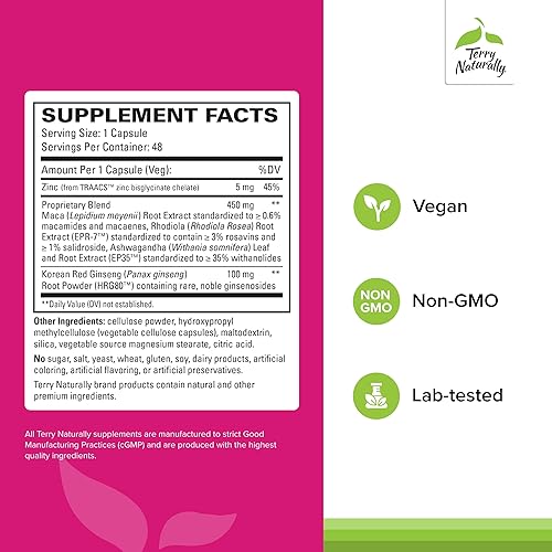 Miniatura 2 de Terry Naturally Mejora sexual femenina de ginseng rojo HRG80, 48 cápsulas, incluye rodiola, maca y ashwagandha, sin OMG, vegano, 48 porciones