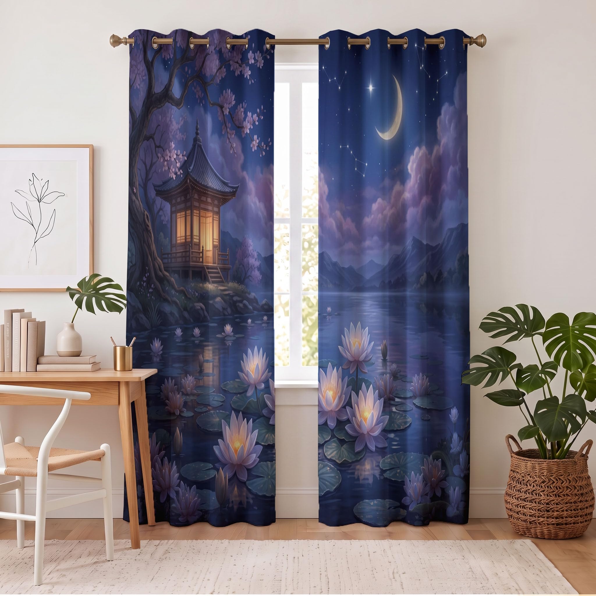 Rideau Occultants Paysage Jardin Japonais Bleu Marine 75X166 Cm (Lxh) | Rideau Opaque Thermiques Ciel Clair Lune Fleurs Lotus Lac Pour Chambre D'Enfant, Lot De 2 Draperies Intérieurs À Oeillets