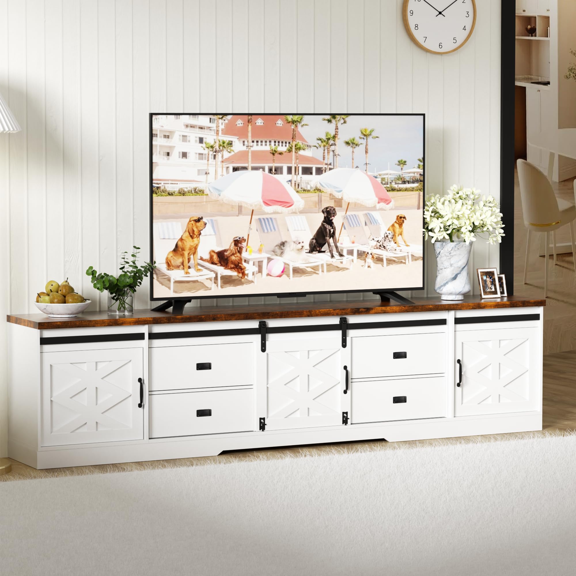 98" Farmhouse TV Stand for 100+ Inch TVs Entertainment Center with Storage Cabinets Large Mid Century Modern Media Console Table TV Cabinet for Living Room,Bedroom,White and Brown