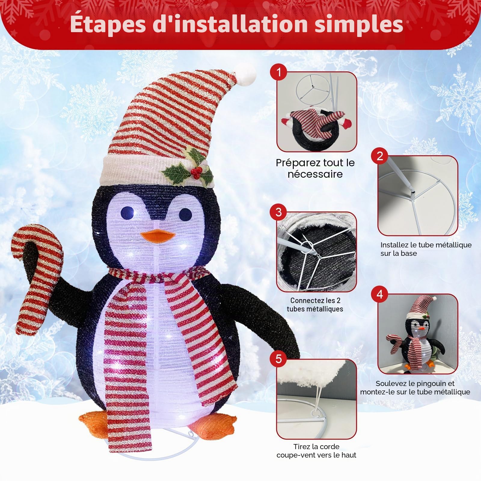 Décorations de Noël pingouin lumineux de 30 pouces avec 40 lumières LED, pingouin pliable avec chapeau, décorations de Noël pour extérieur intérieur cour jardin (77 cm de haut)