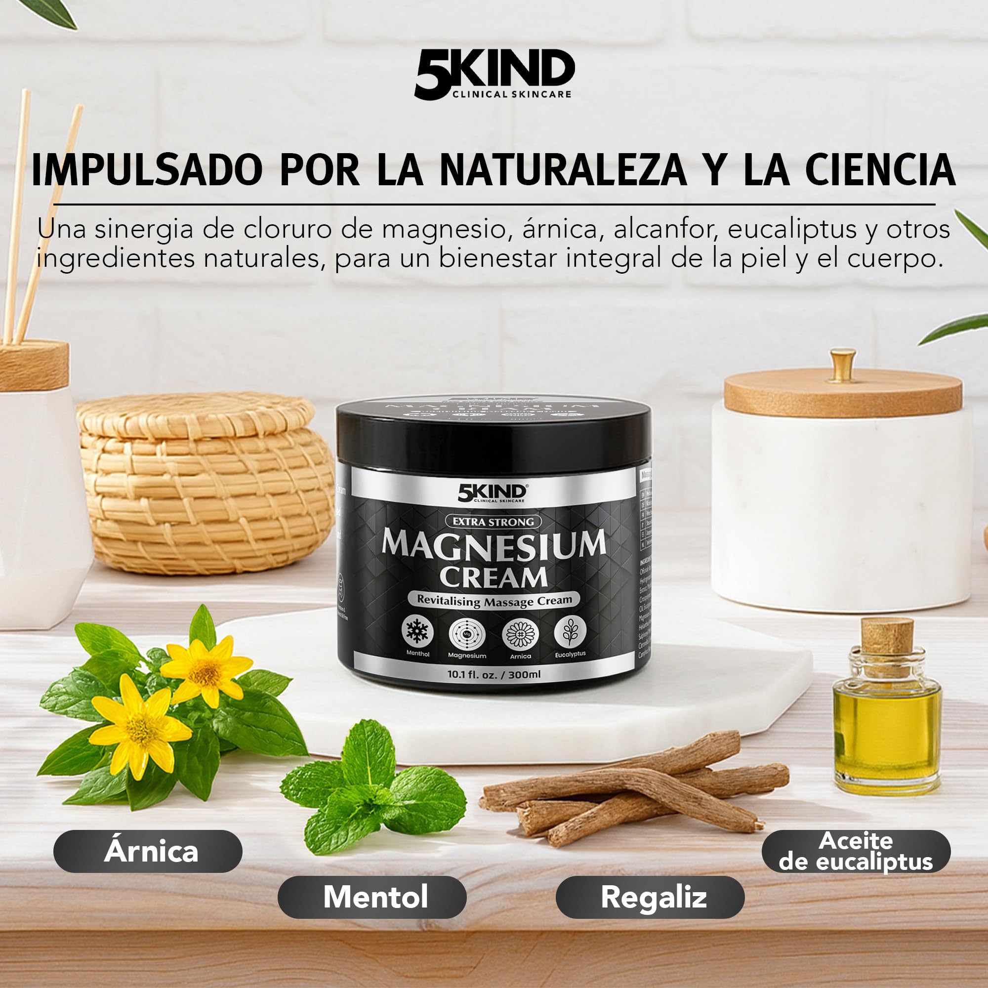 5Kind Crema de magnesio extrafuerte, 300ml - Crema de magnesio para músculos, articulaciones, espalda, rodillas, hombros - Enriquecida con árnica, eucalipto, consuelda, mentol y aceite de cáñamo