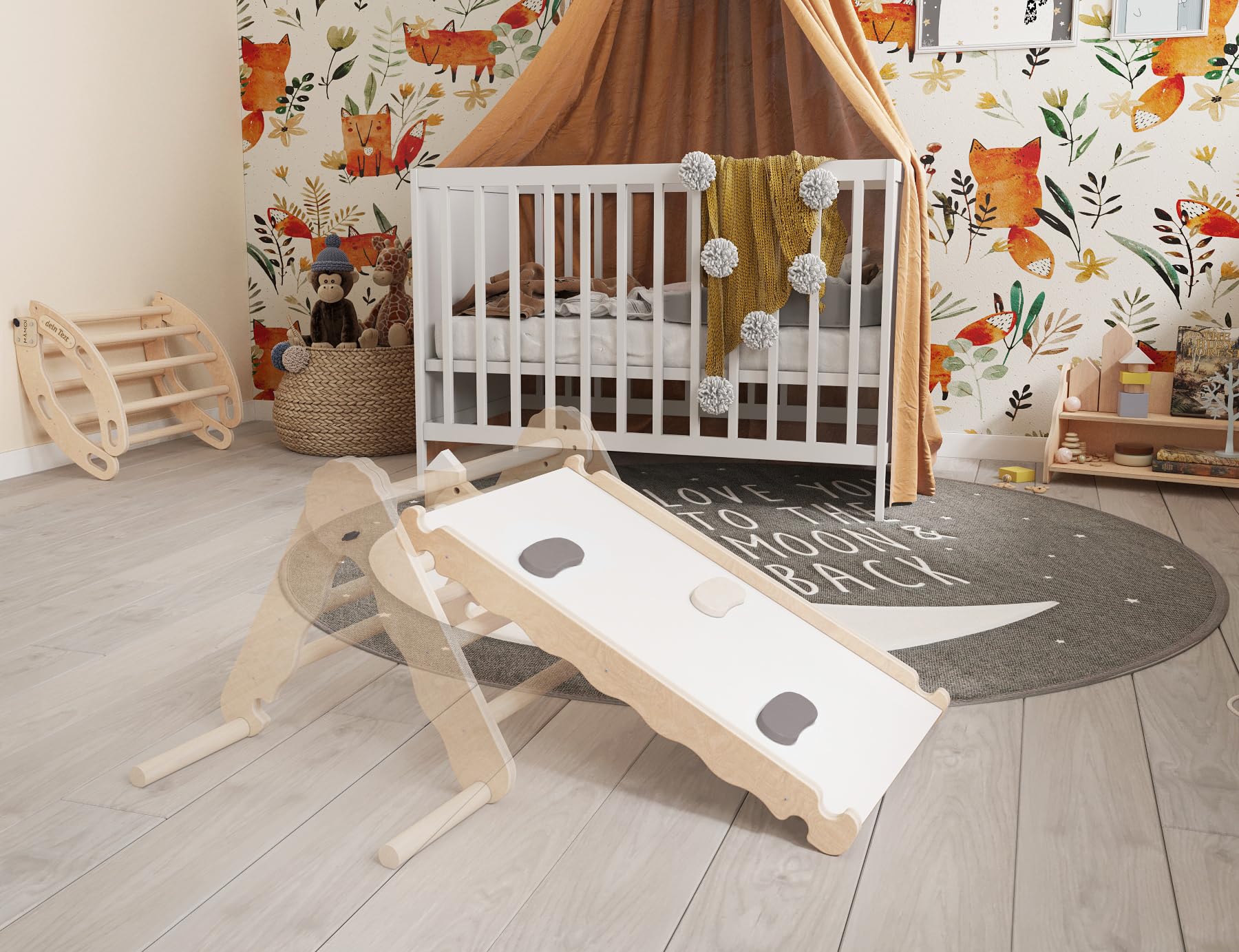 MAMOI® Rutsche Indoor, Rutschbrett für Klettergerüst, Kinderrutsche aus Holz für Kletterdreieck und Kletterbogen, Holzrutsche/Yarnwood für Baby ab 1 Jahr und 2/3 Jahre, Montessori