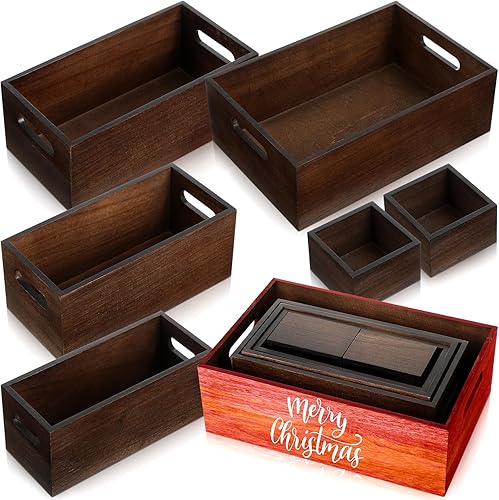Miniatura 1 de Juego de 6 cajas de almacenamiento de madera con asas, cajas de madera para anidar, contenedor de almacenamiento rústico para manualidades, fiestas,