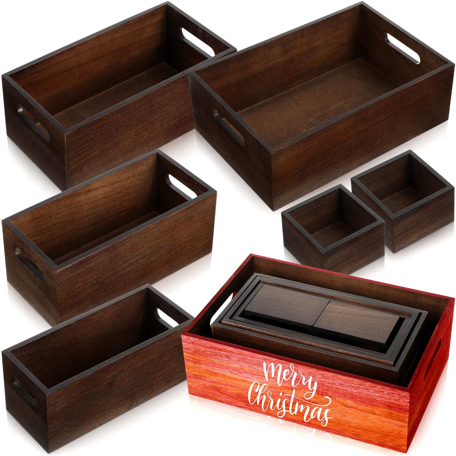 Set of 6 Wood Storage Boxes with Handles Wooden Nesting Crates Rustic Farmhouse Box for Kitchen Bathroom Home Party Table Decoration Storage Boxes (Brown)