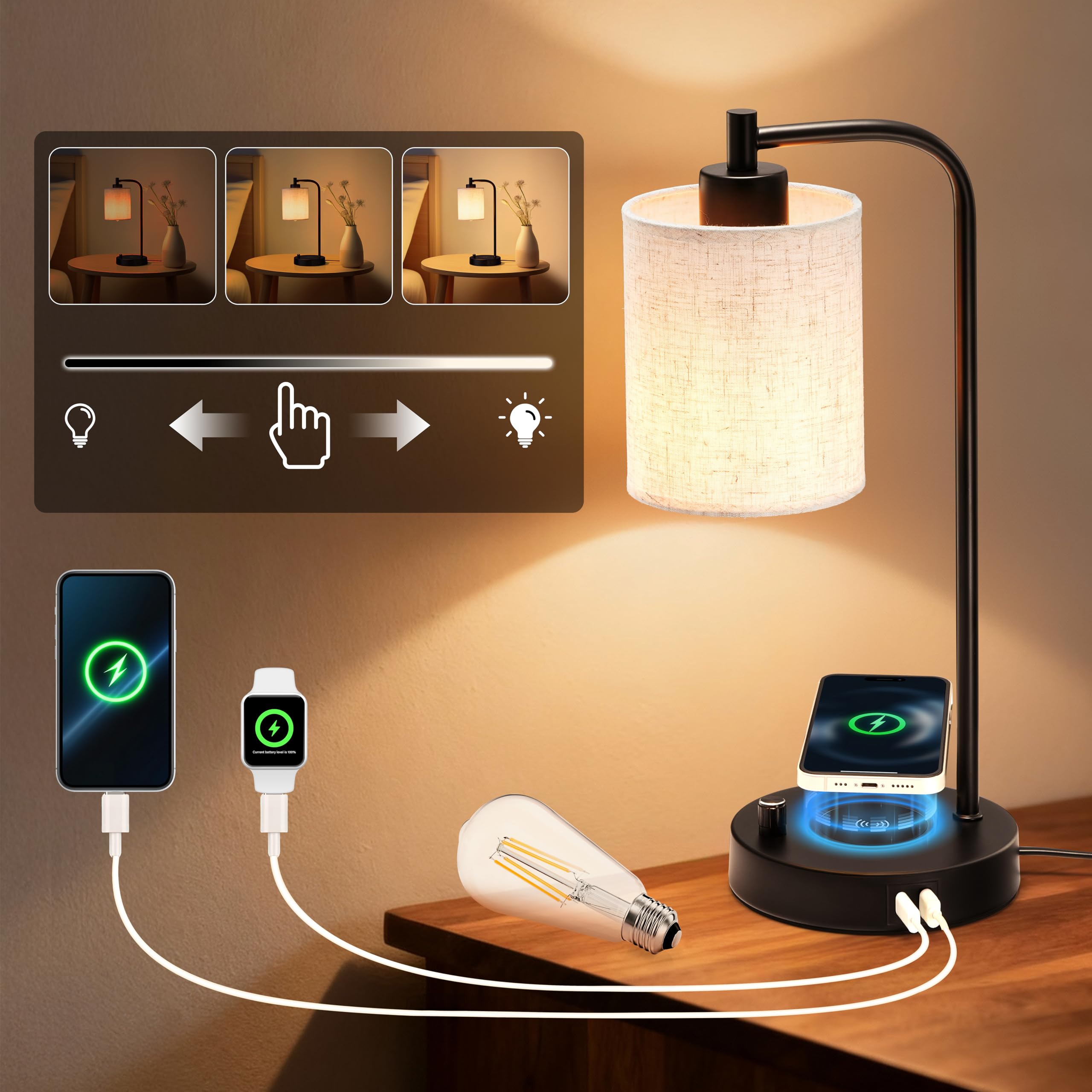 Nachttischlampe Schlafzimmer LED mit Induktionsladegerät und USB-C+A Ladeanschlüssen Schreibtischlampe Leselampe ideal Nachttischlampe Dimmbar Lampenschirm Leinen Ladegerät