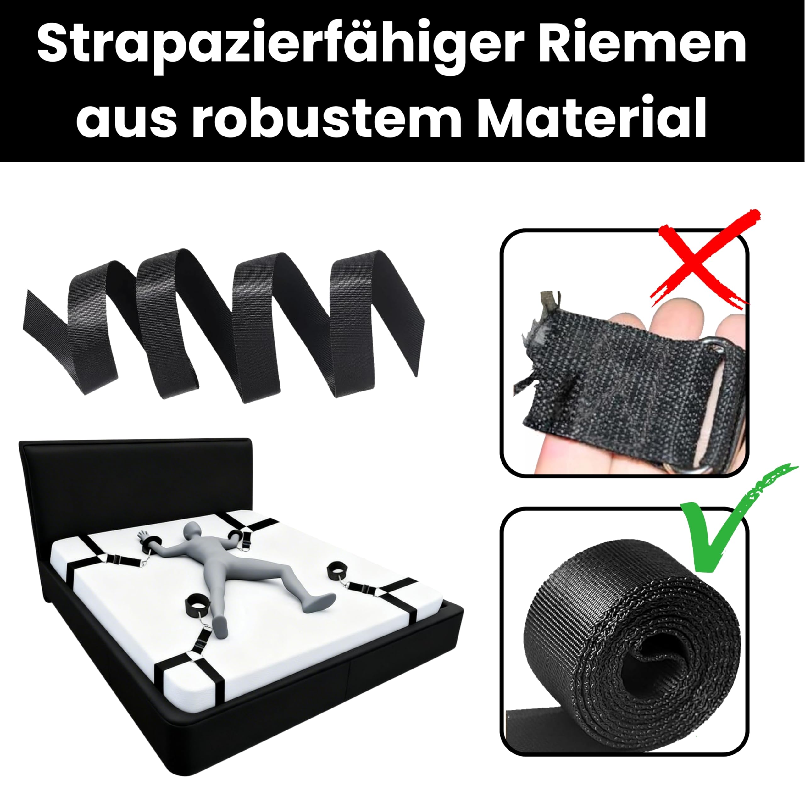 Ensemble FOPS Bondage pour lit Système d'attache réglable pour matelas jusqu'à 200x220cm incluant fouet en cuir de 70cm menottes entraves pour pieds bandeau en cuir & masque en satin Ensemble BDSM