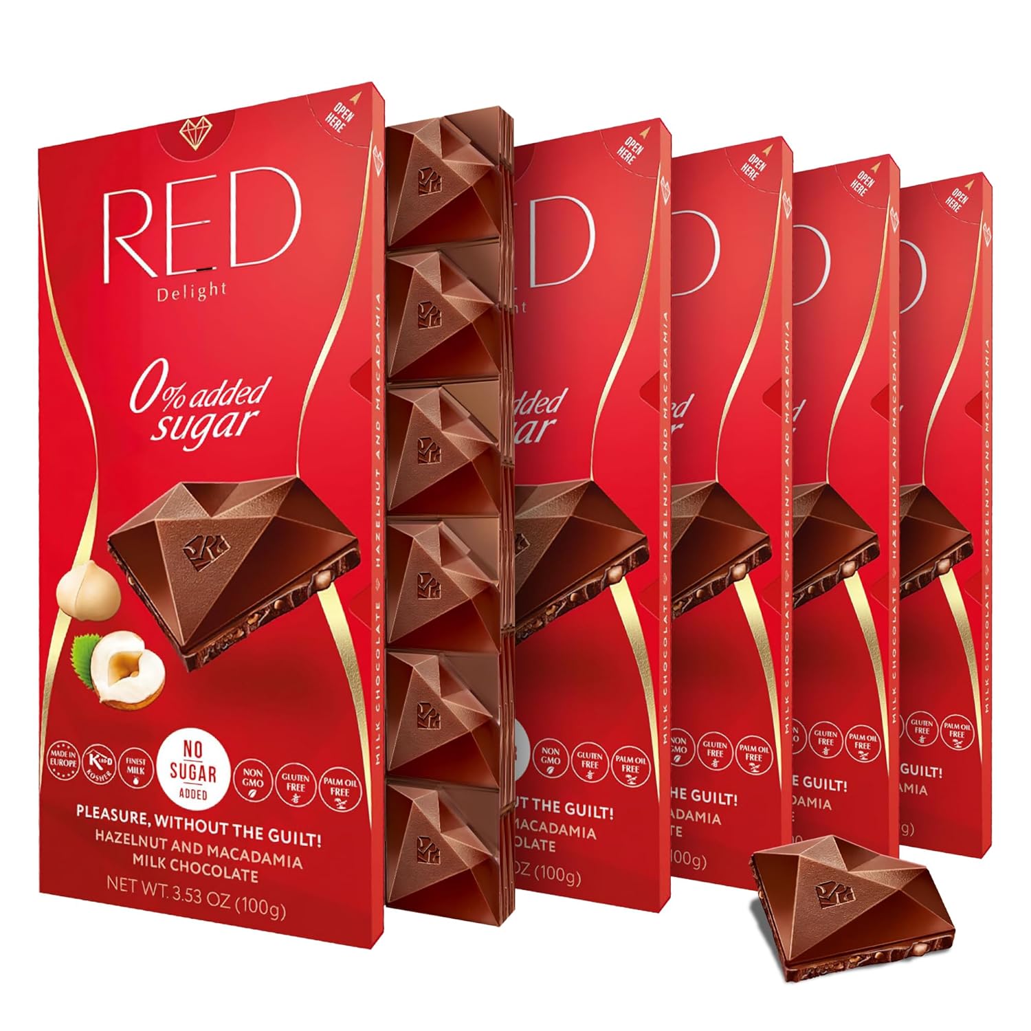 Red Delight Hazelnut & Macadamia Milk Chocolate Bars - 3 oz, Pack of 6 - Chocolate Gift, Low Carb, No Added Sugar, Kosher, Non-GMO, Gluten-Free Vegan Treat - European-Made Chocolate Snack