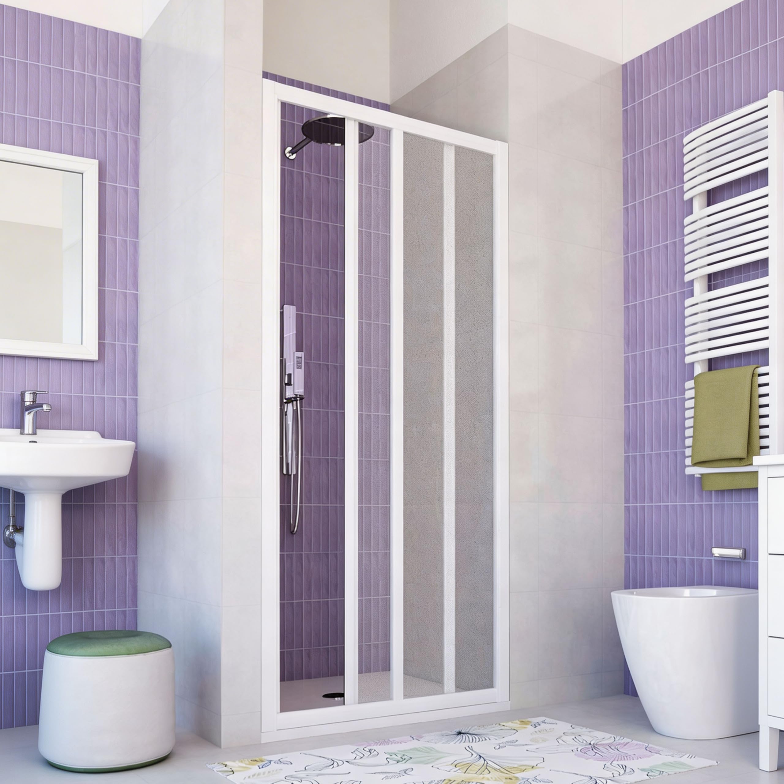 Box Doccia Iris PVC 100x185 cm 1 Lato Apertura Laterale, Pannello Acrilico Semitrasparente Effetto Goccia, Anta Scorrevole con Rotelle in Nylon, Chiusura Magnetica Reversibile