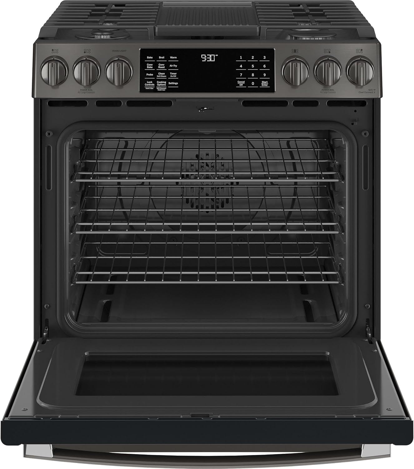 GE Profile™ Series 30" Slide-In Front Control Gas Range (Black Stainless)