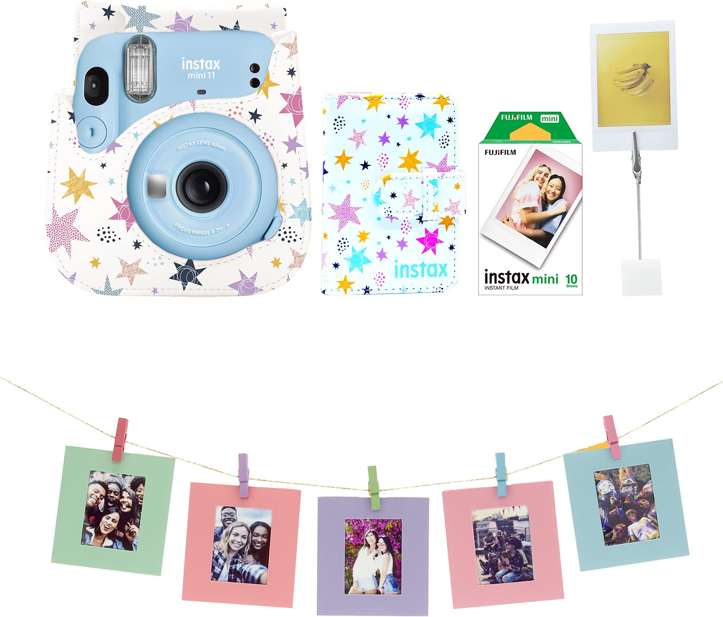 Fujifilm Instax Mini 11 Instant Camera Sky Blue VALUE PACK, ( 1 Mini 11, 10 Pack Film, 1 Mill 11 Case, 1 Photo Album, 1 Photo Stand, 1 Photo Pegs, 3 Wash Tape, 1 Outter Box )
