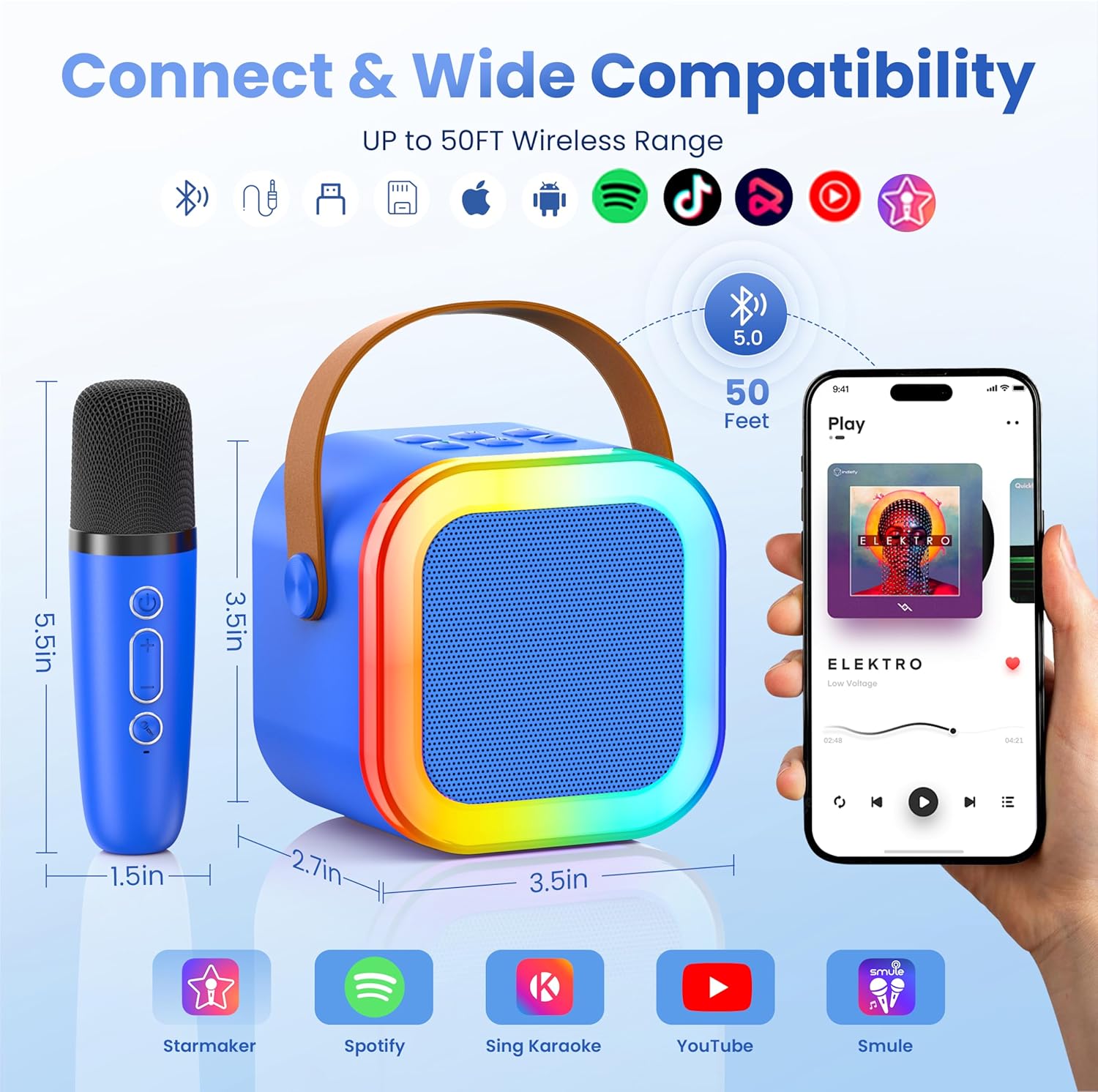 Karaoke Machine for Kids Adults, Portable Bluetooth Speaker with 2 Wireless Karaoke Microphones Player, 2026 TOP Birthday for Girls Boys 3,4,5,6,7,8+Year Old Toddler Toys Valentine Gifts(Deepblue) - Image 6