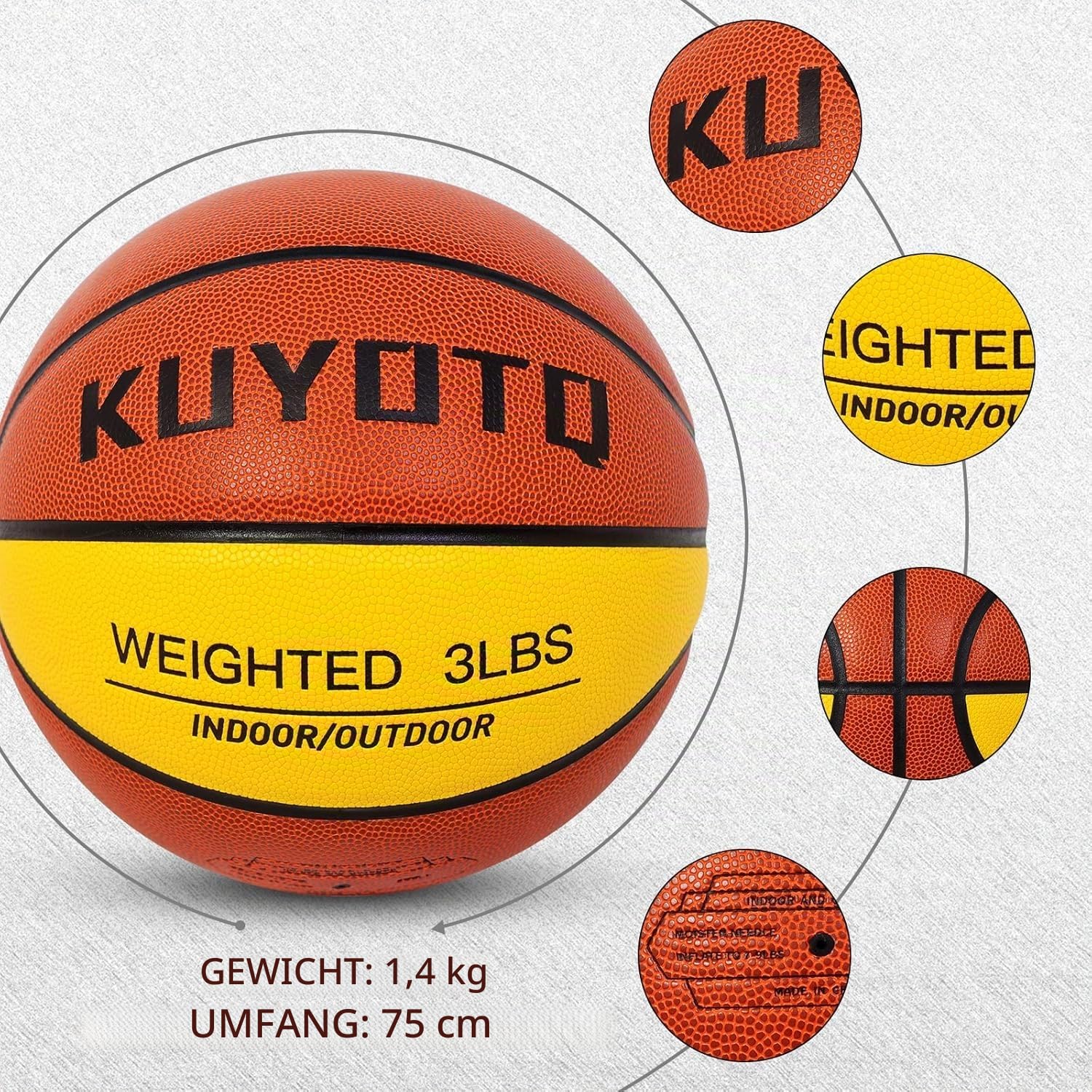 KUYOTQ 1,4 kg/1,5 kg/1 kg gewichteter schwerer Trainings-Basketball, 72,4 cm im und Außenbereich, verbessert die Handhabung, Dribbling, Passen, Rückprallfähigkeit, Verbundmaterial, Größe 7/6