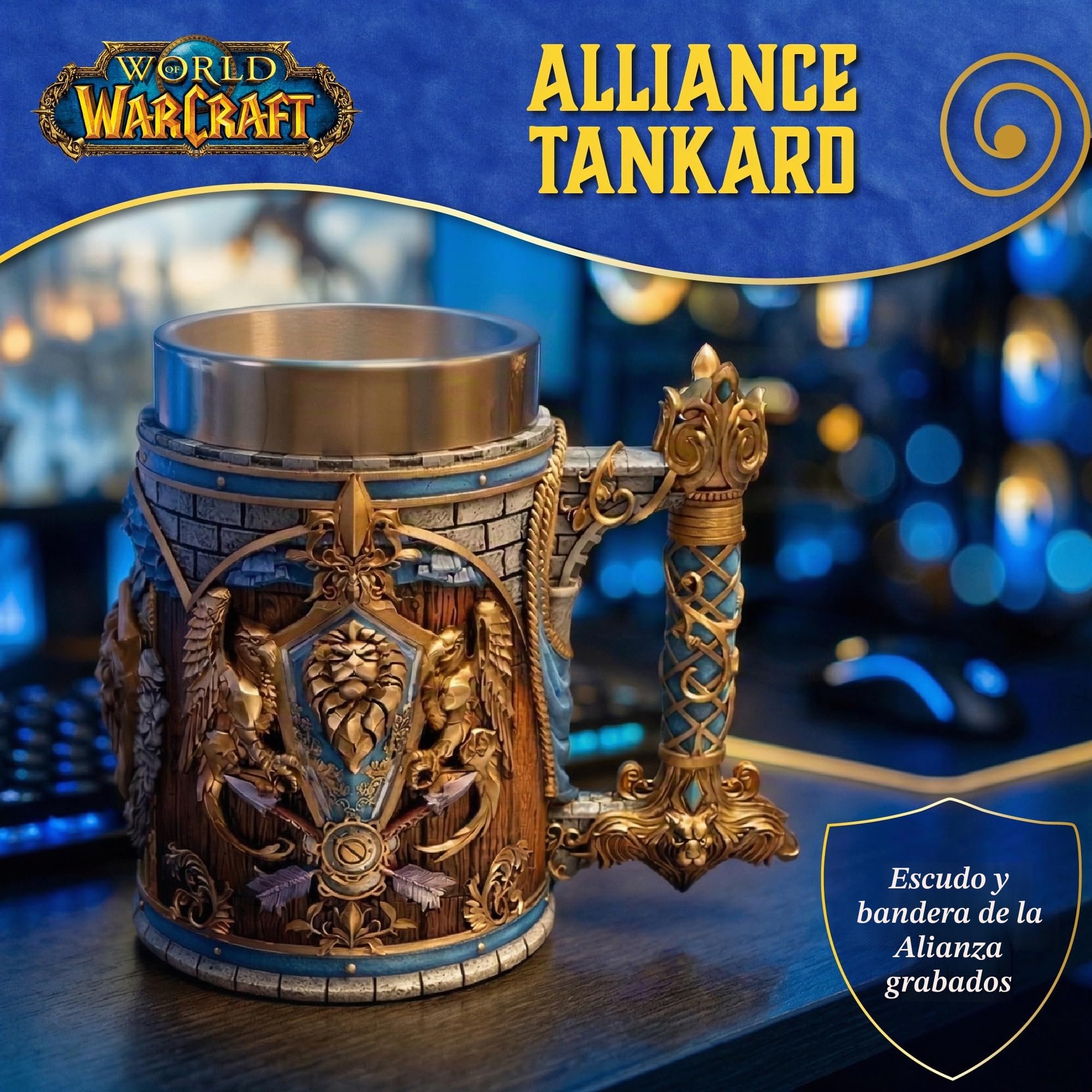Nemesis Now Taza de Alianza World of Warcraft de 15.5 cm - Vajilla de bebida oficialmente licenciada de la Alianza con escudo, diseño de bandera e inserción de acero inoxidable