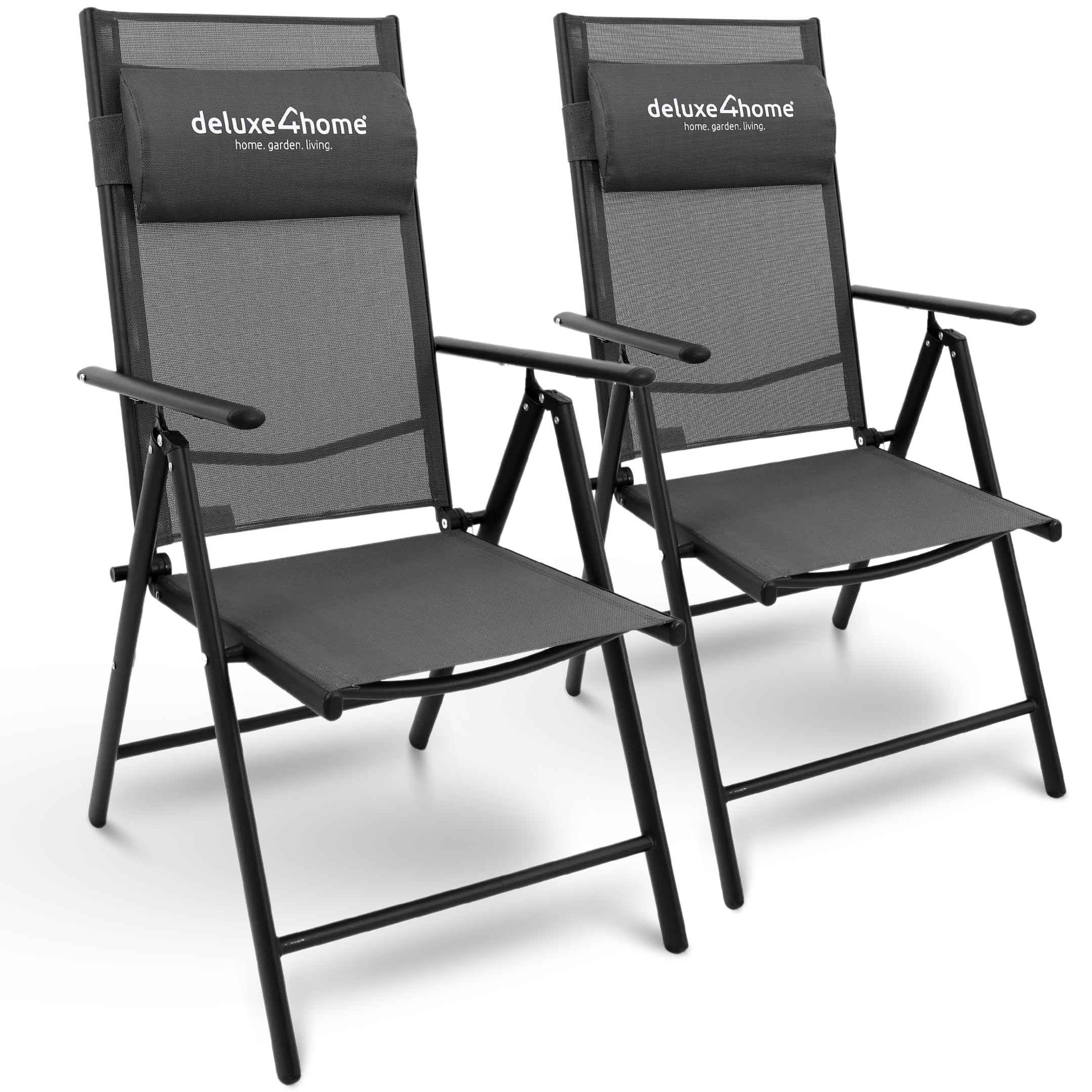 2er Set Gartenstuhl Klappbar 7-stufig verstellbar I Terrassenstuhl aus Metall Anthrazit I Hochlehner Klappstuhl mit Armlehnen Balkonstuhl inkl. Kopfpolster Campingstuhl