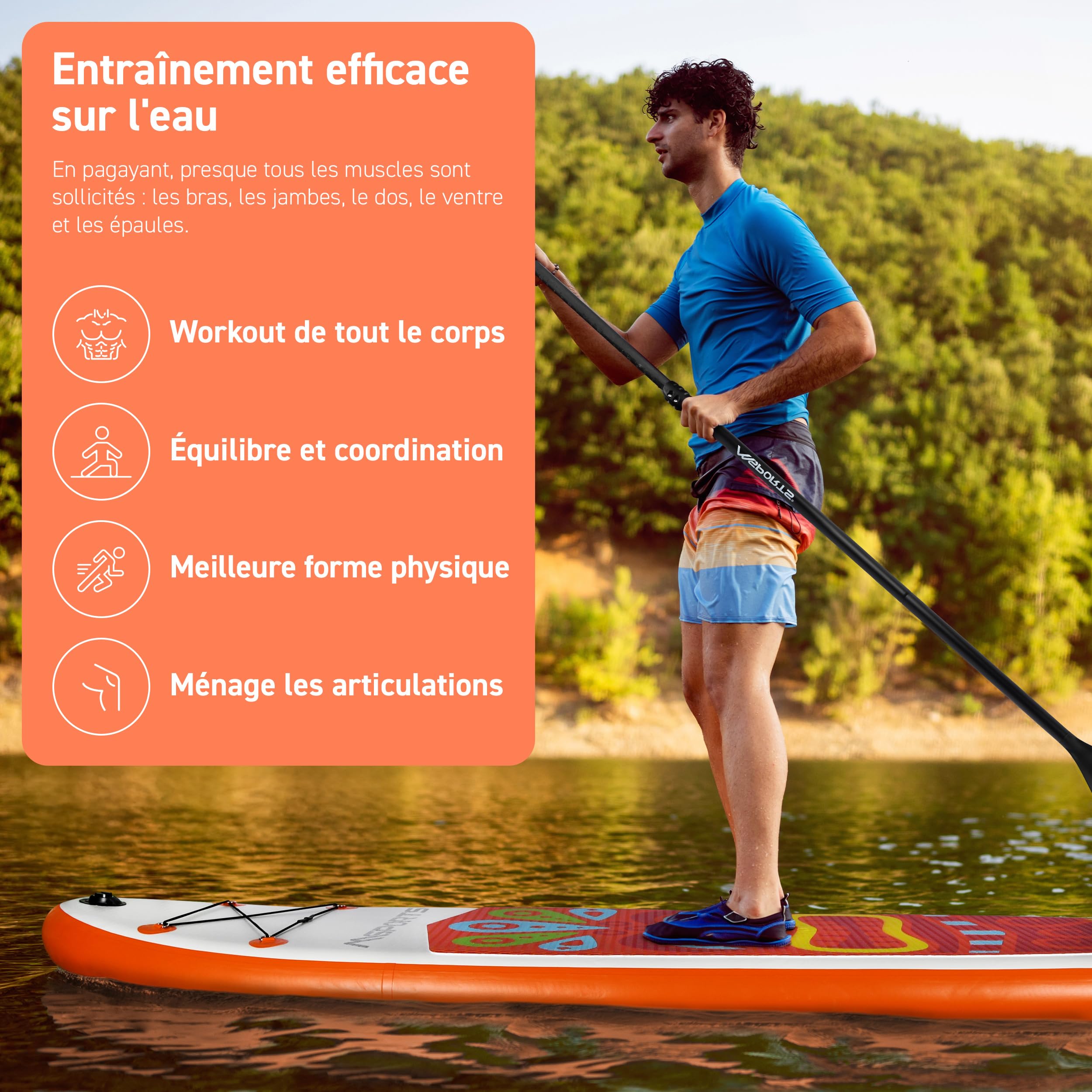 MSPORTS Planche de stand up paddle gonflable complète accessoires pagaie réglable, pompe de haute qualité + 2 bâtons de pagaie + sac étanche pour smartphone + sac multifonction