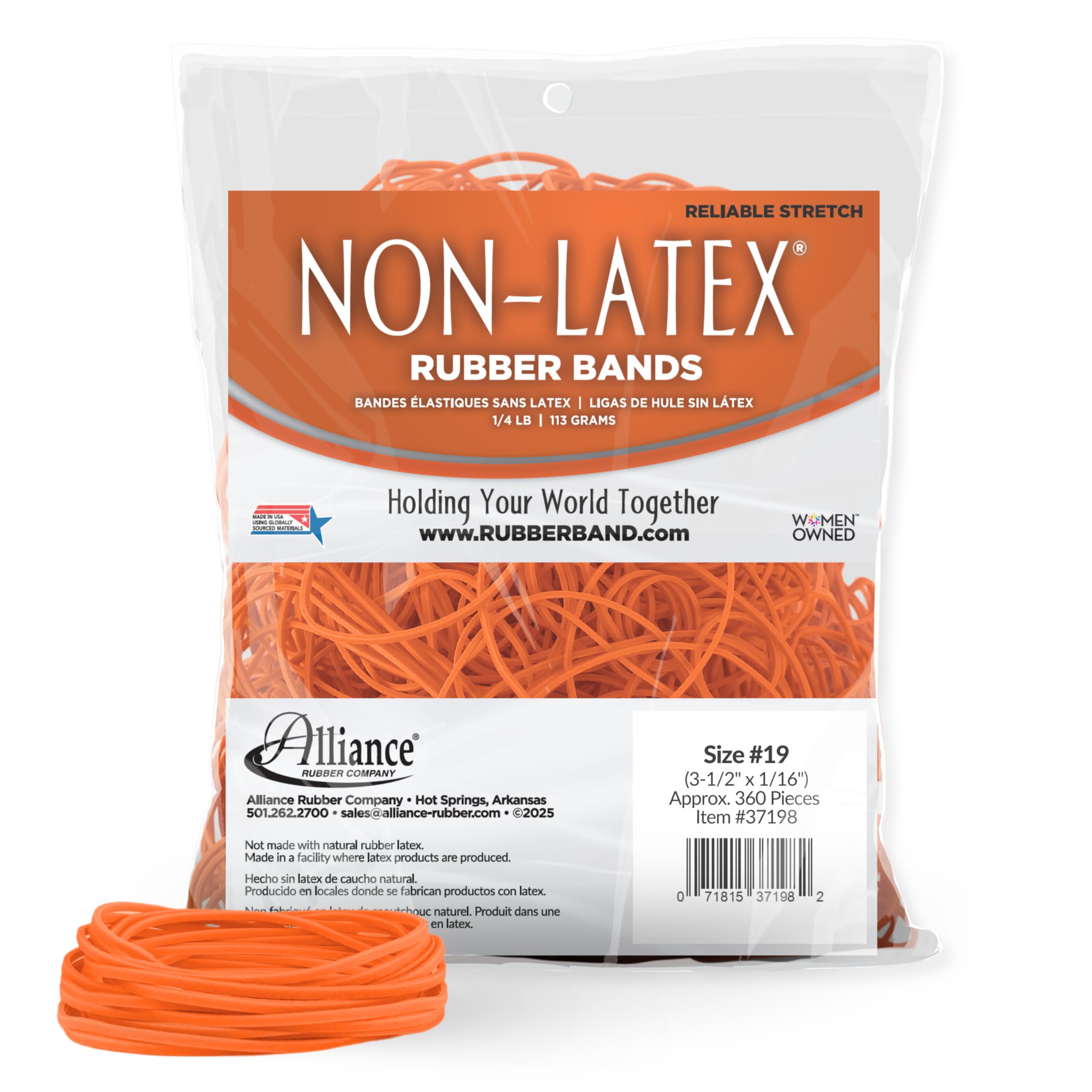 Alliance Rubber 37198#19 Non-Latex Rubber Bands, 1/4 lb Poly Bag Contains Approx. 260 Bands (3 1/2" x 1/16", Orange)