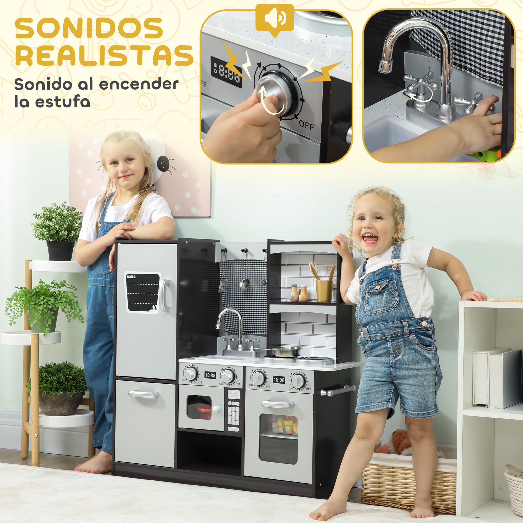 AIYAPLAY Cocina de Juguete de Madera con Sonido 81x27x79,7 cm Marrón Oscuro | Cocinita Infantil, Accesorios de Acero Inoxidable, Nevera, Microondas, Fregadero