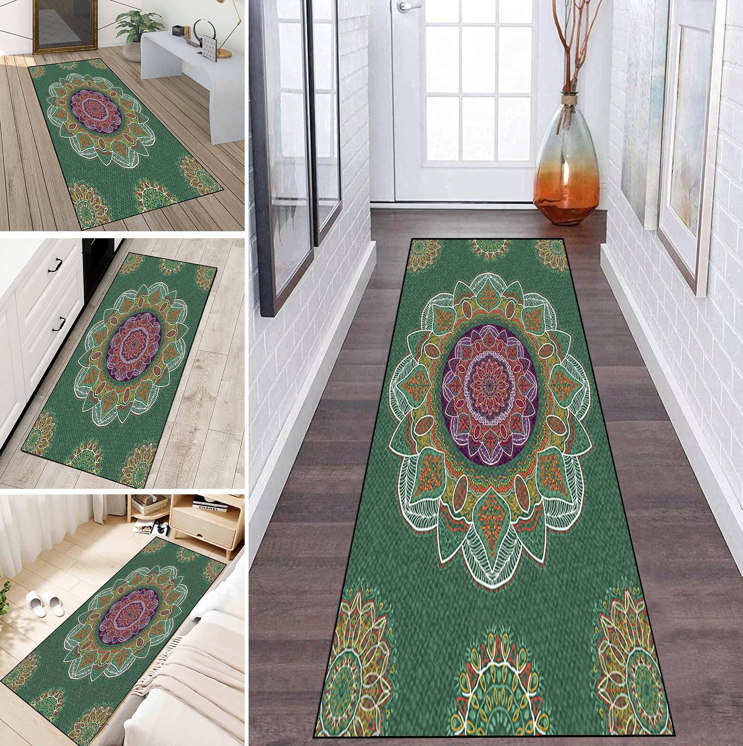 Tapis de couloir vert fleurs bohèmes 100 x 480 cm lavable