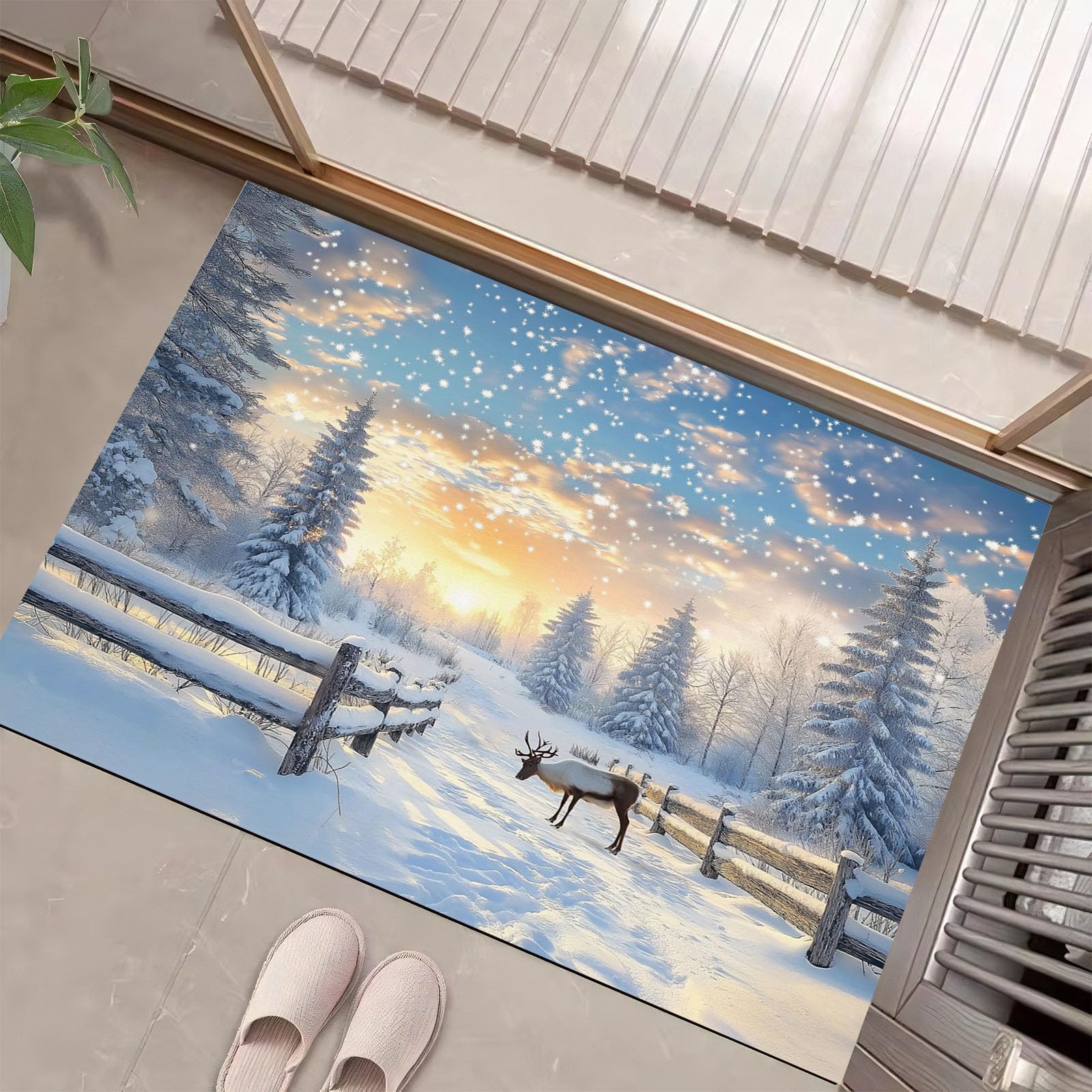 Felpudo De Navidad, Alfombra Copos De Nieve Al Atardecer para Entrada Casa 90X150Cm, Alfombra De Puerta De Entrada, Felpudos Lavables Patrón De Bosque De Renos Azul Cielo, Decorativo Casa