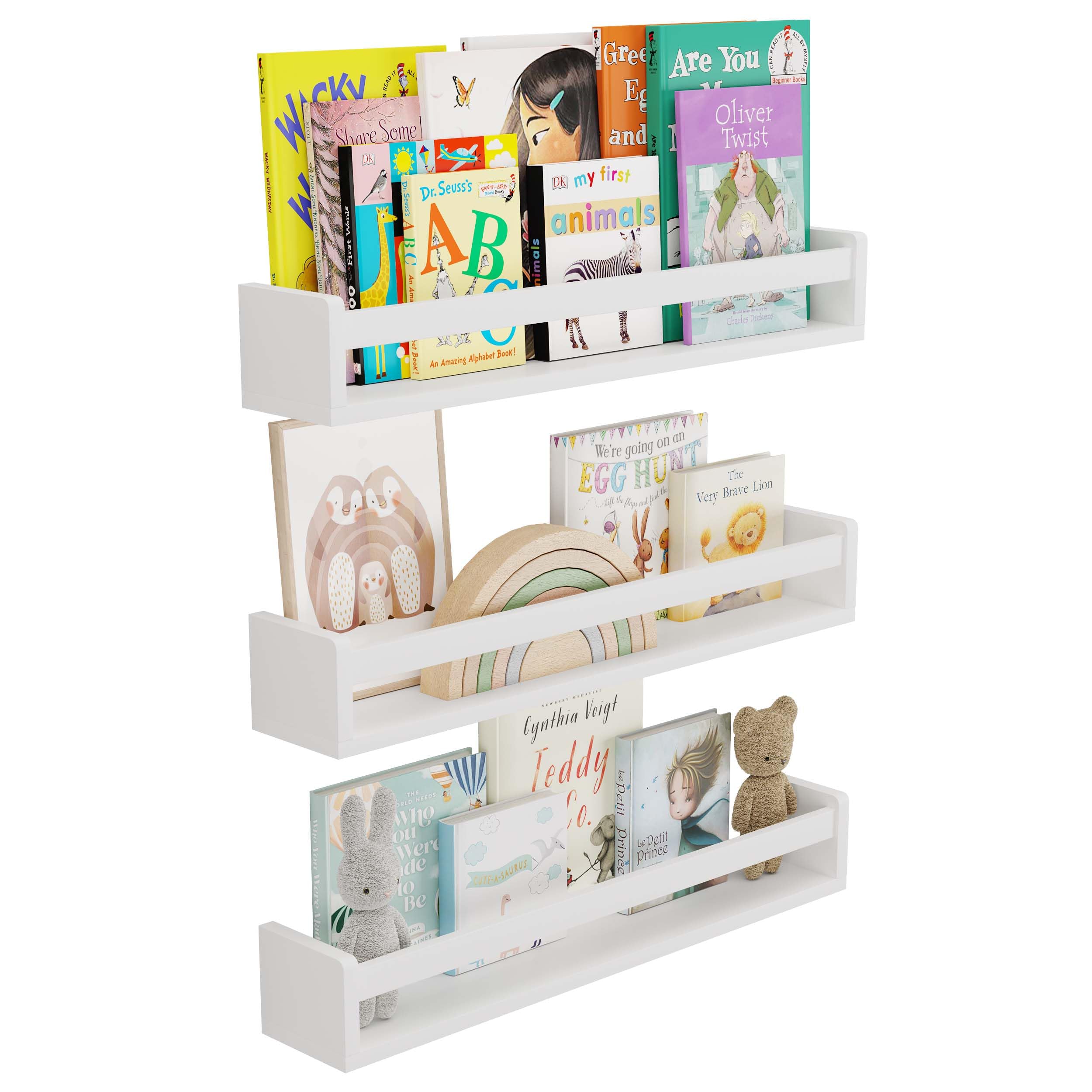 You Have Space Unge 24'' Nursery Book Shelves, Wall Bookshelf for Kids, Wood Floating Shelves for Kids Room, Set of 3, White