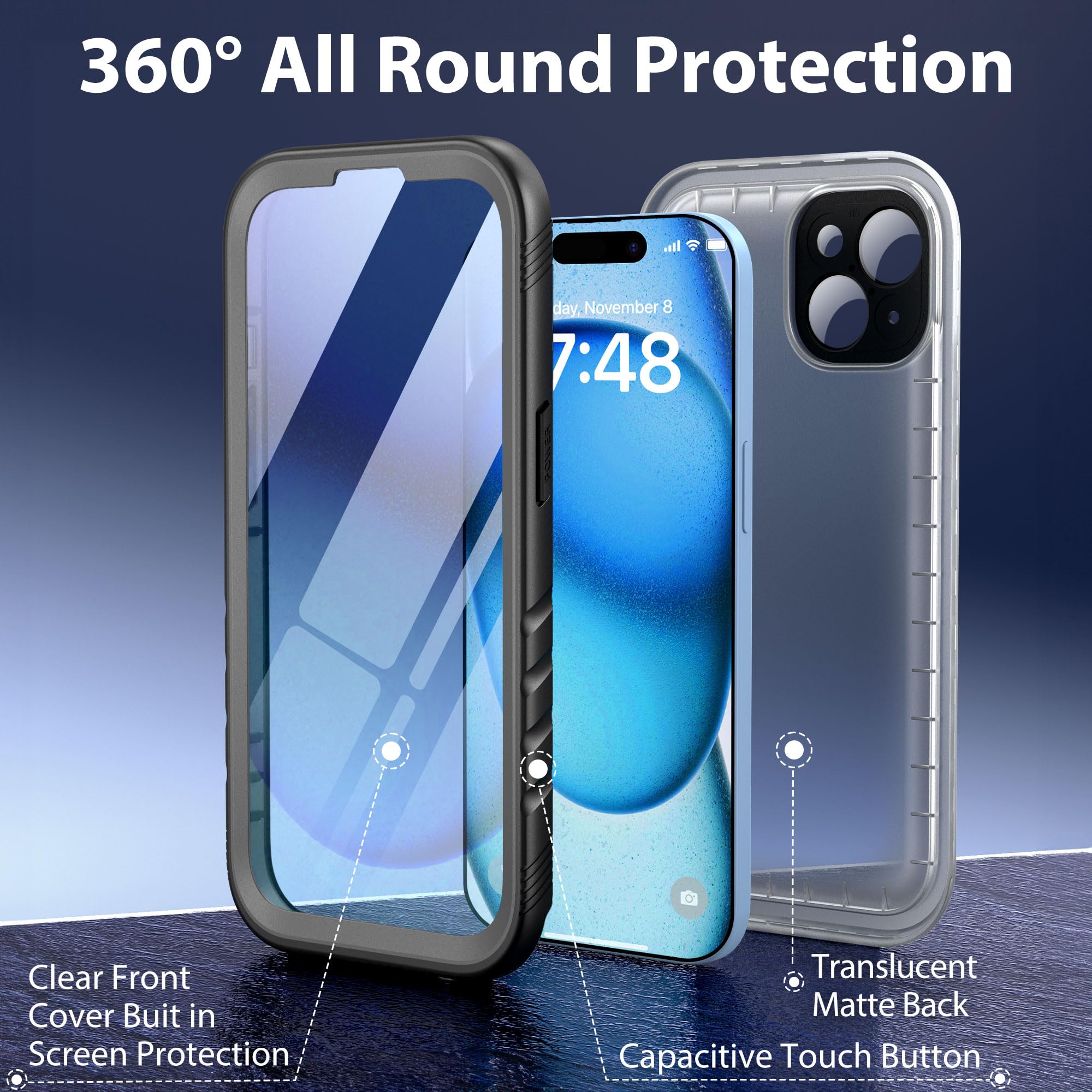 SPORTLINK Funda impermeable para iPhone 15, protector de pantalla y lente de cámara integrado, IP68 bajo el agua, 6.6 pies, militar, a prueba de caídas y polvo, real 360, para iPhone 15 de 6.1